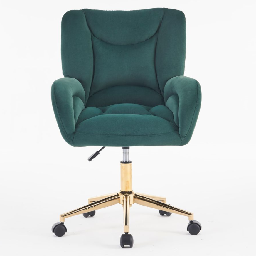 Full KD Velvet Fabric Home Office Chair: Adjustable Height, Swivel, Green with Gold Legs