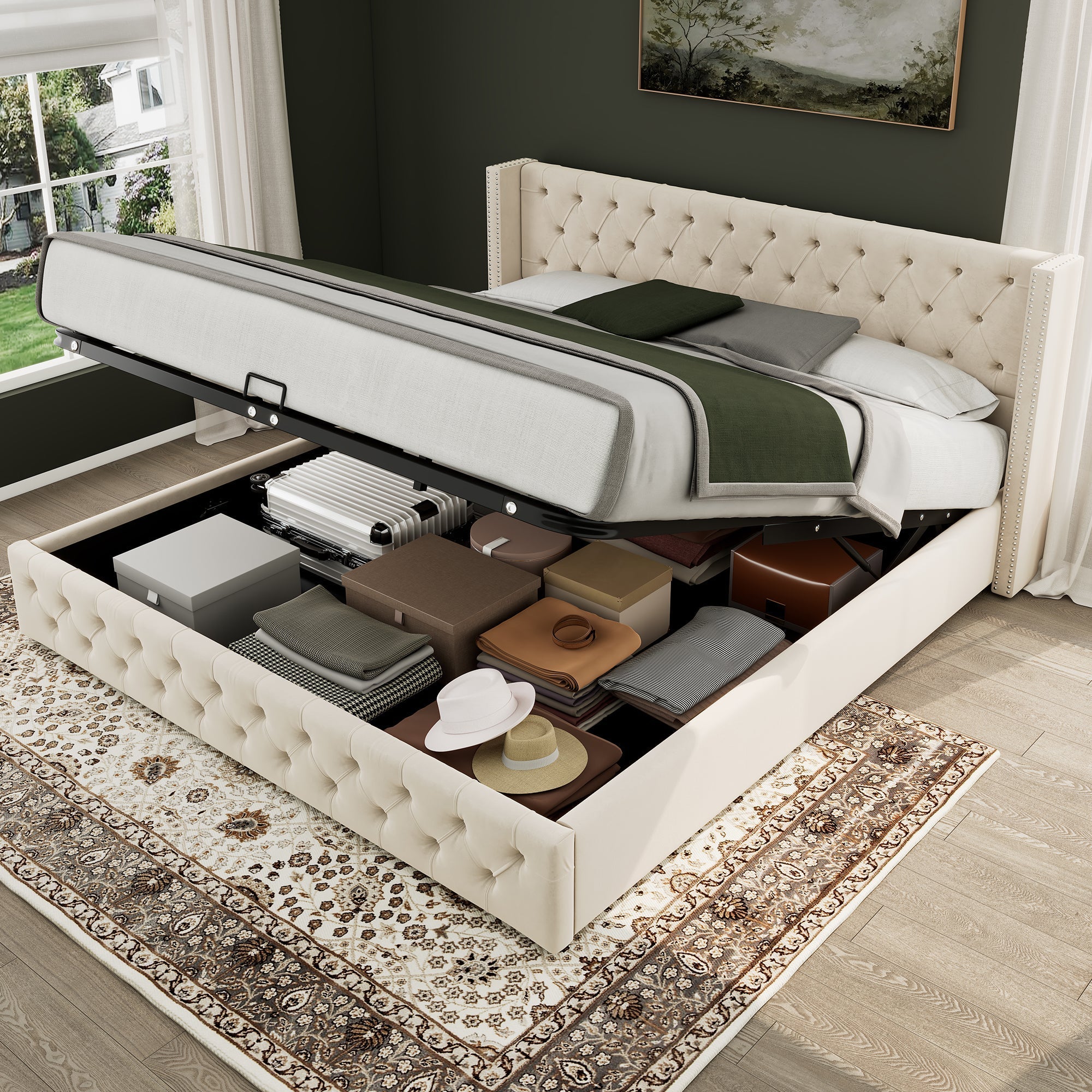 Upholstered Bed, Hydraulic Lift & Storage, 150x200cm Velvet, Beige