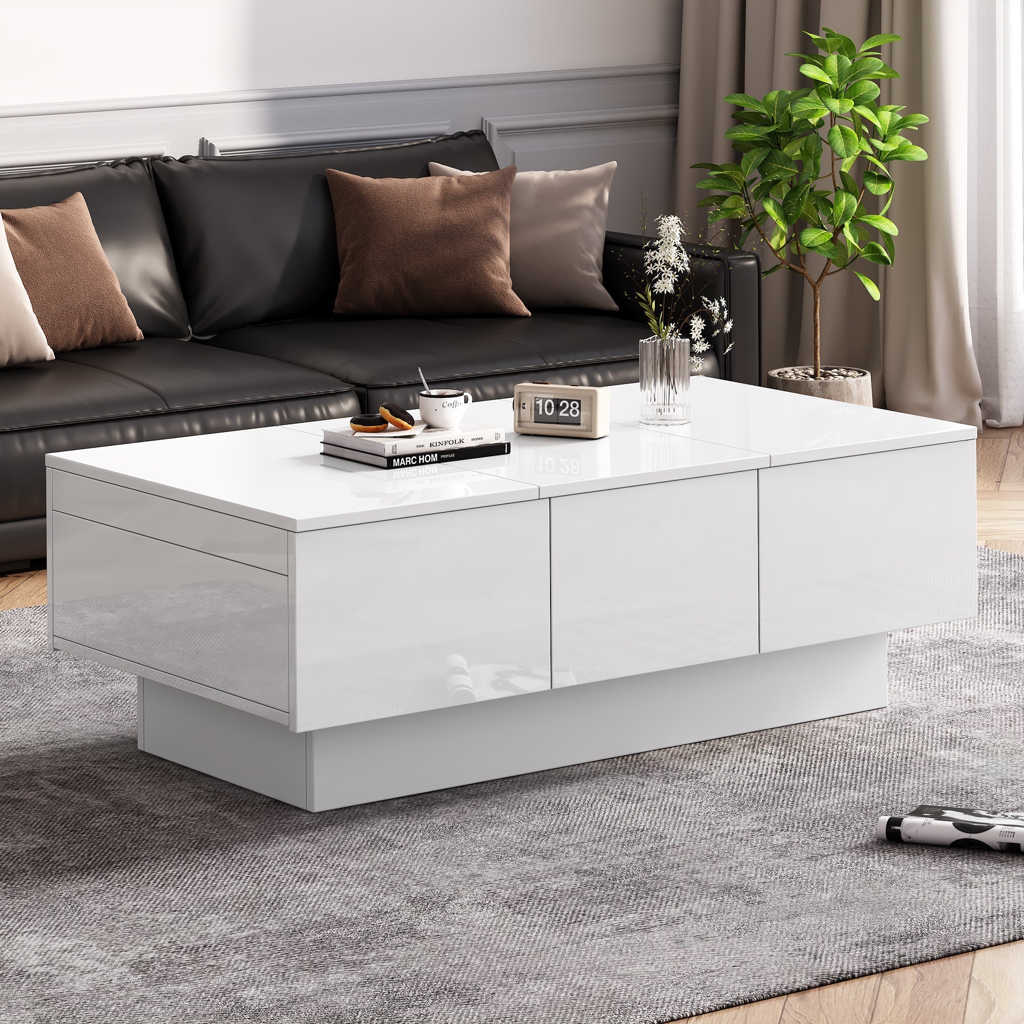 Coffee Table for Living Room, Modern Side Table with 2 Drawers and 2 Big Storage Space, White High Gloss Particle Board