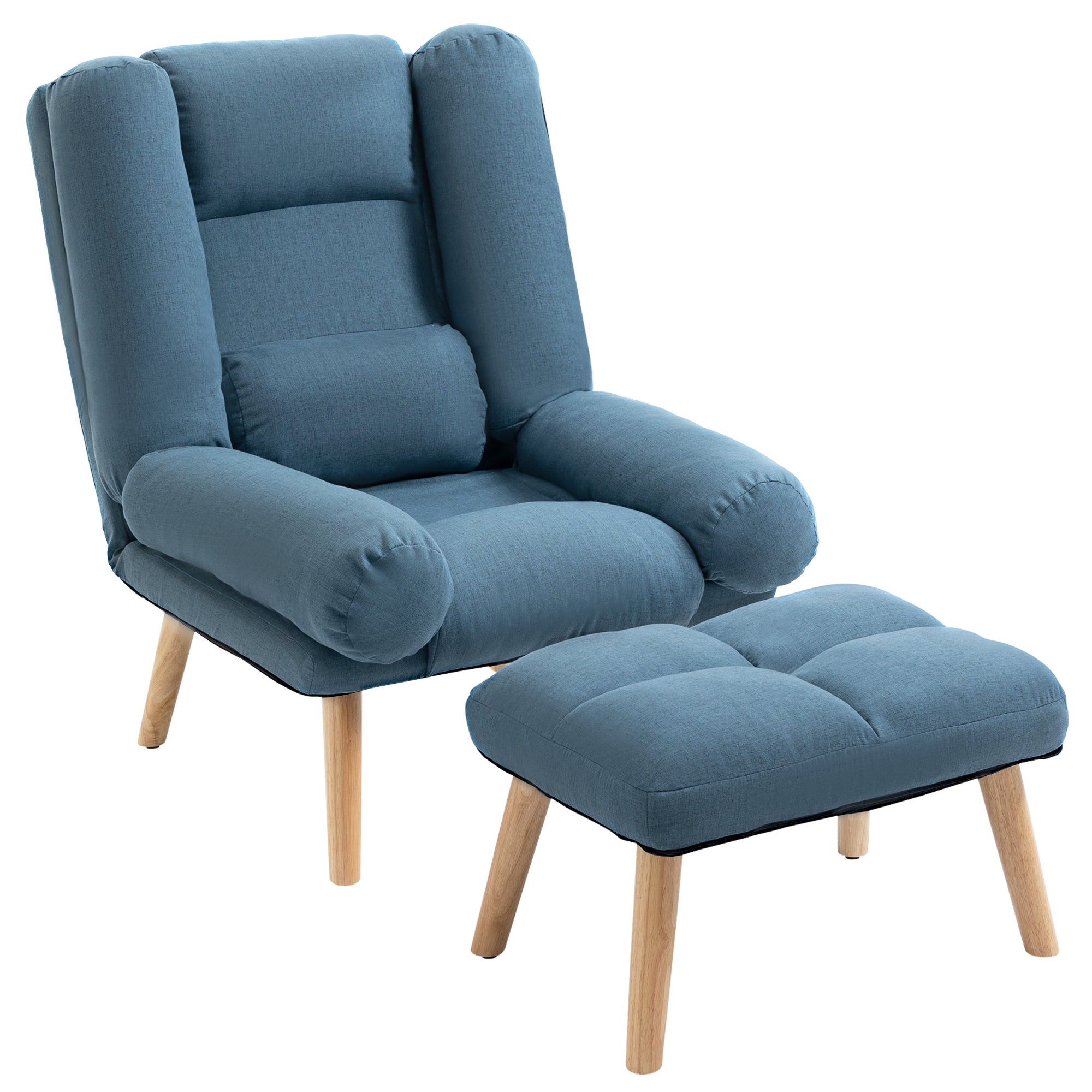 Armchair with Footstool, 180¡ã Recliner and Ottoman, Adjustable Backrest, Wooden Legs, Blue