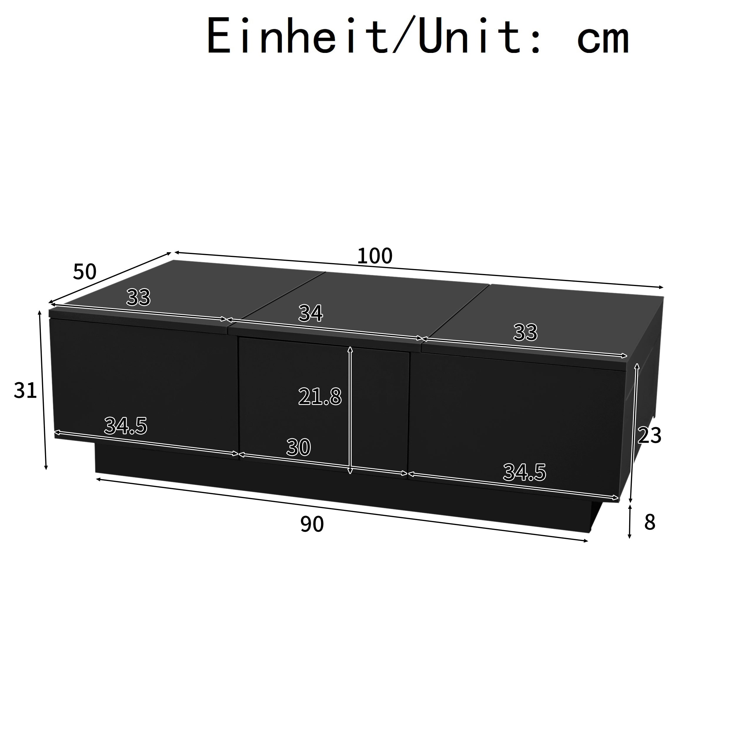 Coffee Table: Black High-Gloss Living Room Table with Push-Pull Storage Structure and Double-Sided Drawers, made of Particle Board.