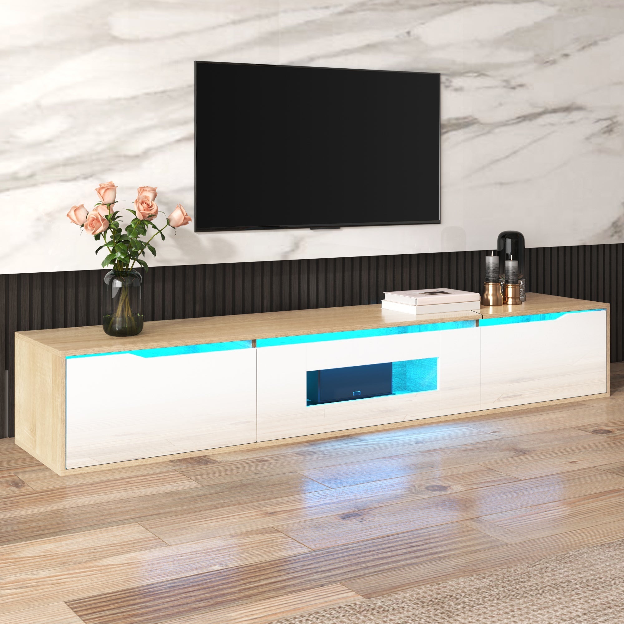 TV cabinet, high gloss, white and wood color, with color changing LED light