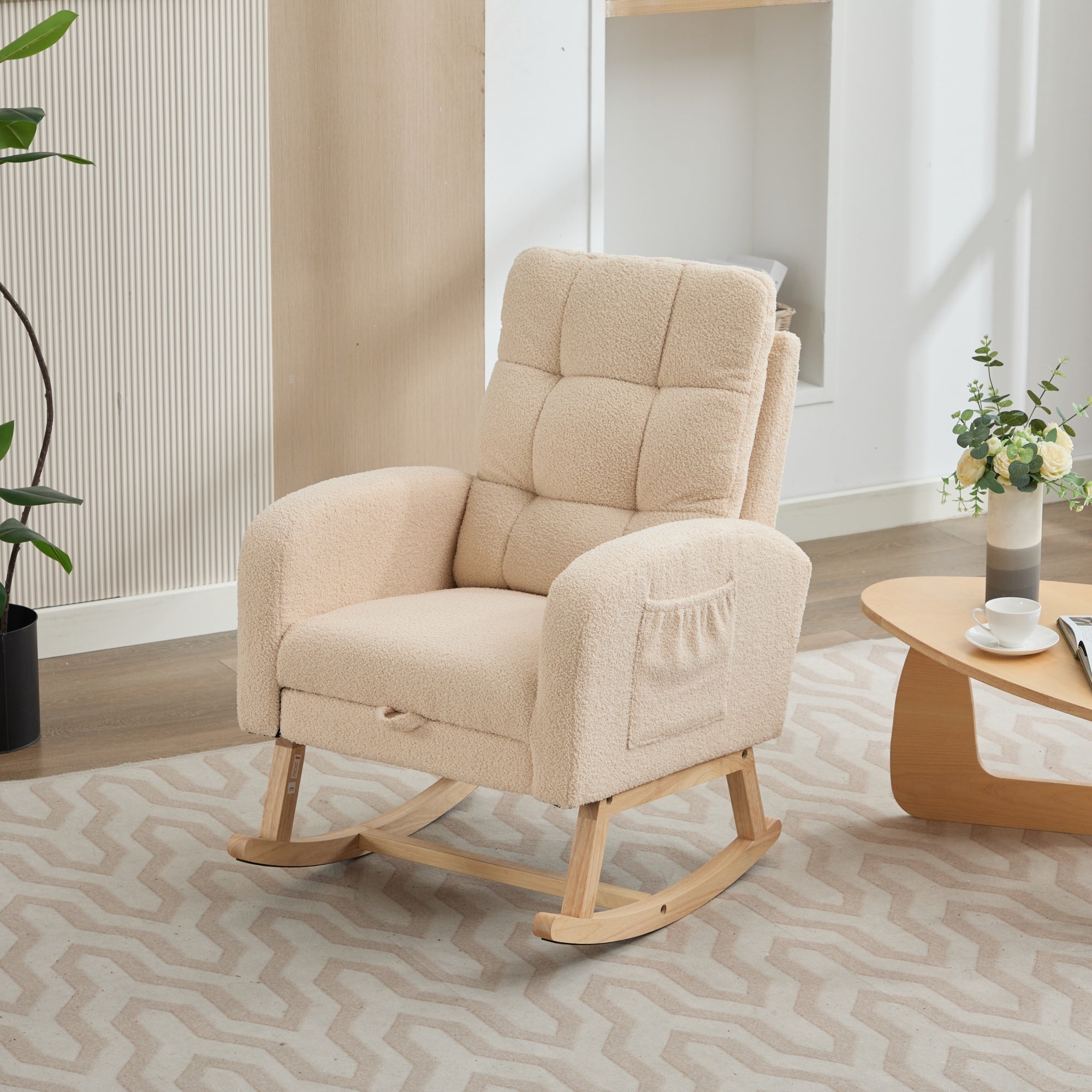 Rocking Chair with Adjustable Footrest and High Backrest, Beige Teddy Fabric