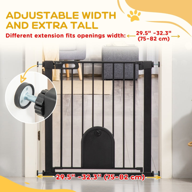 Dog Gate, Cat Flap Pet Safety Barrier, Stair Pressure Fit, Auto Close, Double Locking, Black