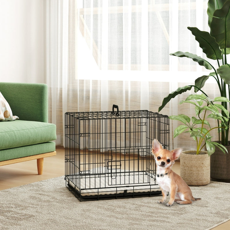 Foldable Dog Crate Two Doors Tray Soft Cushion Extra Small, Black