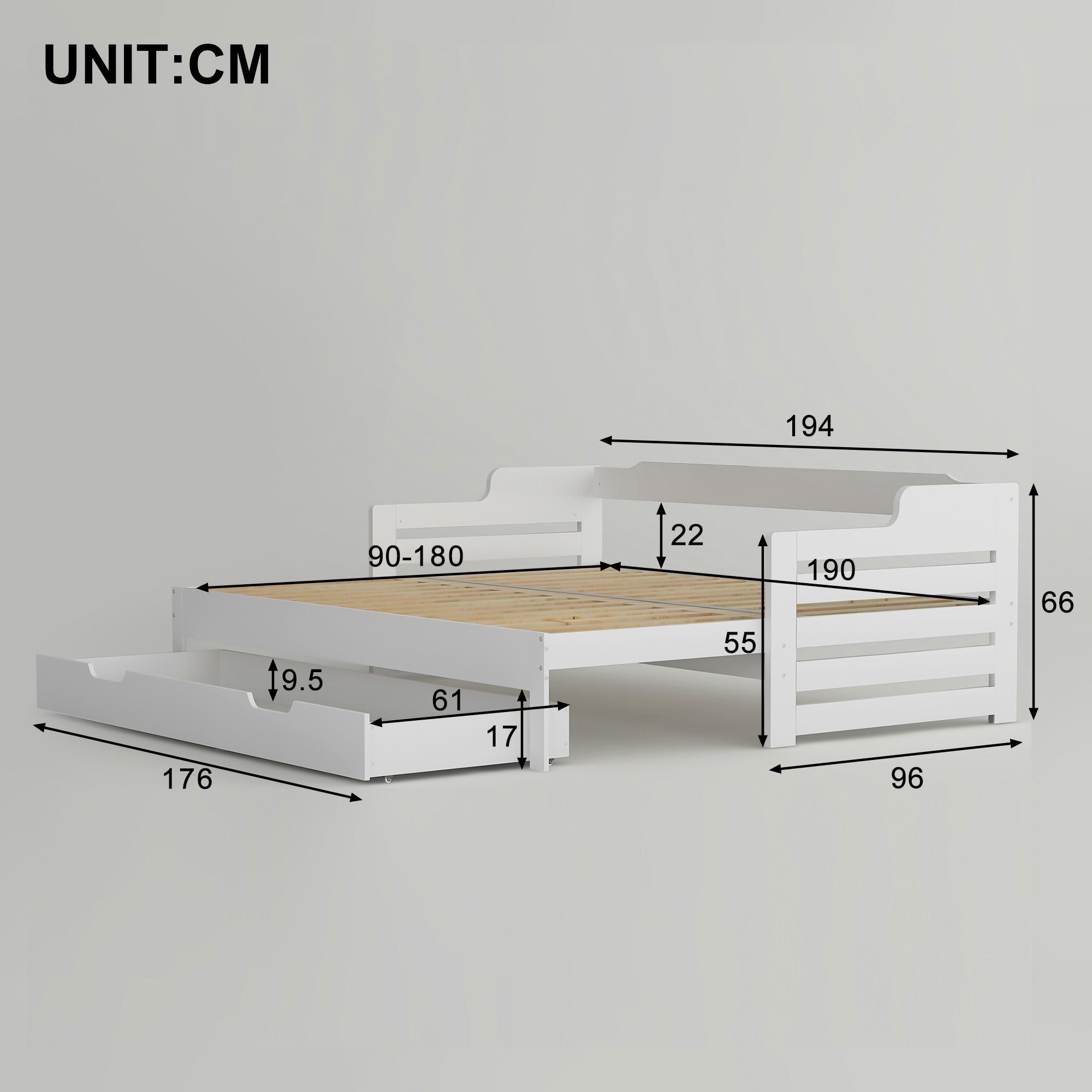 Daybed, Trundle and Drawer, Cabin Bed, Single Guest Sofa Bed with Pull-out Trundle and Storage, 90x190cm, White