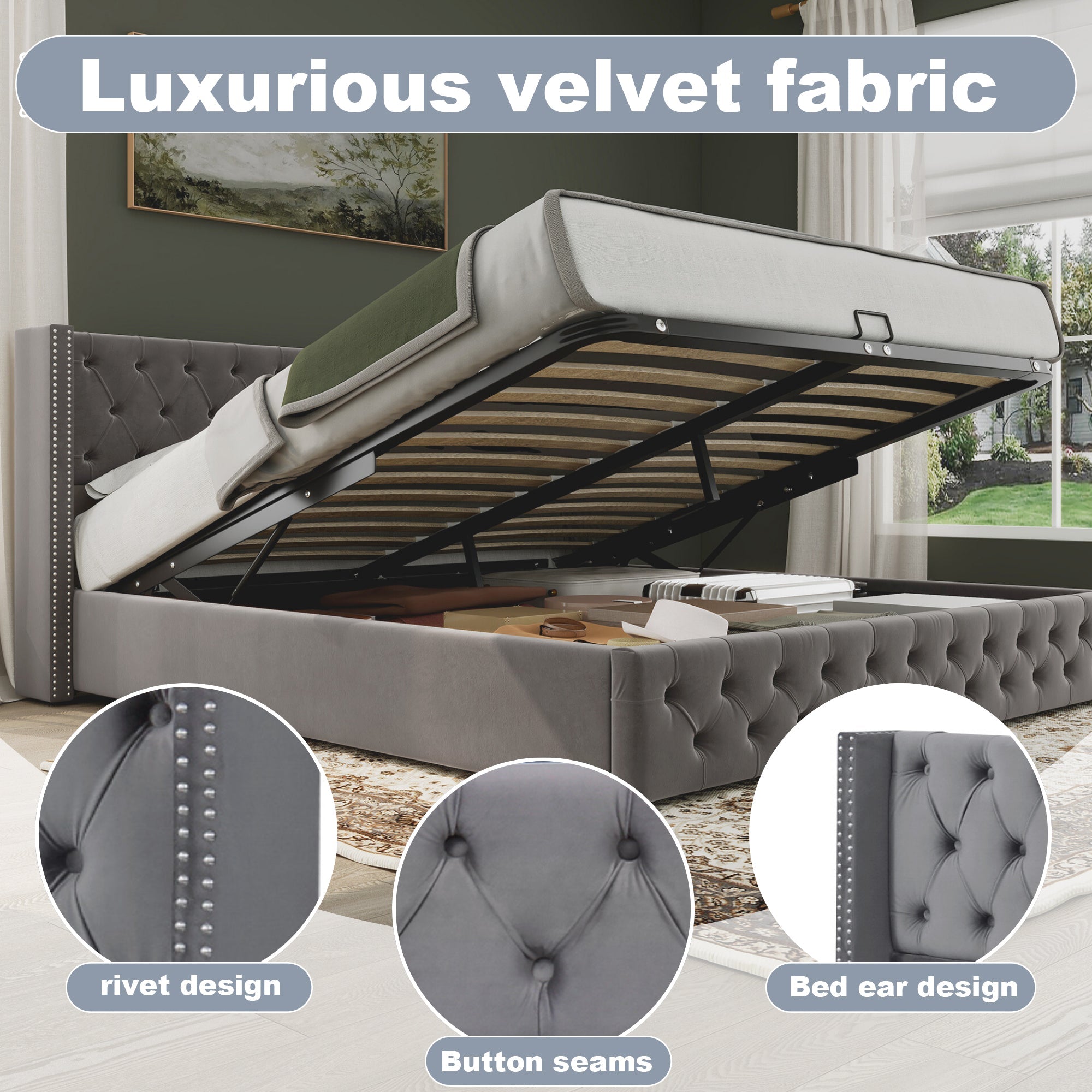 Upholstered Bed, Hydraulic Lift, Storage, 150x200 cm, Grey Velvet