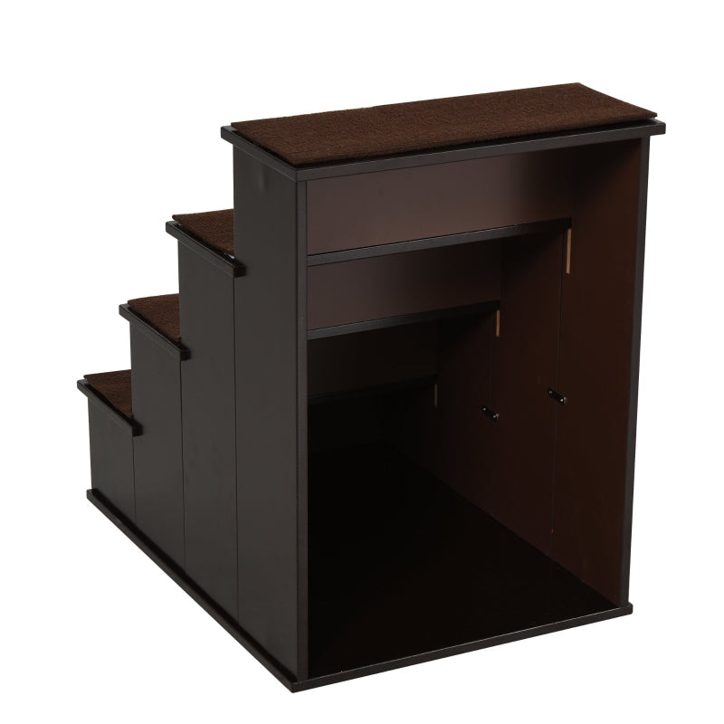 4 Step Wooden Dog Steps for Dogs, Non-Slip Carpet, Dark brown