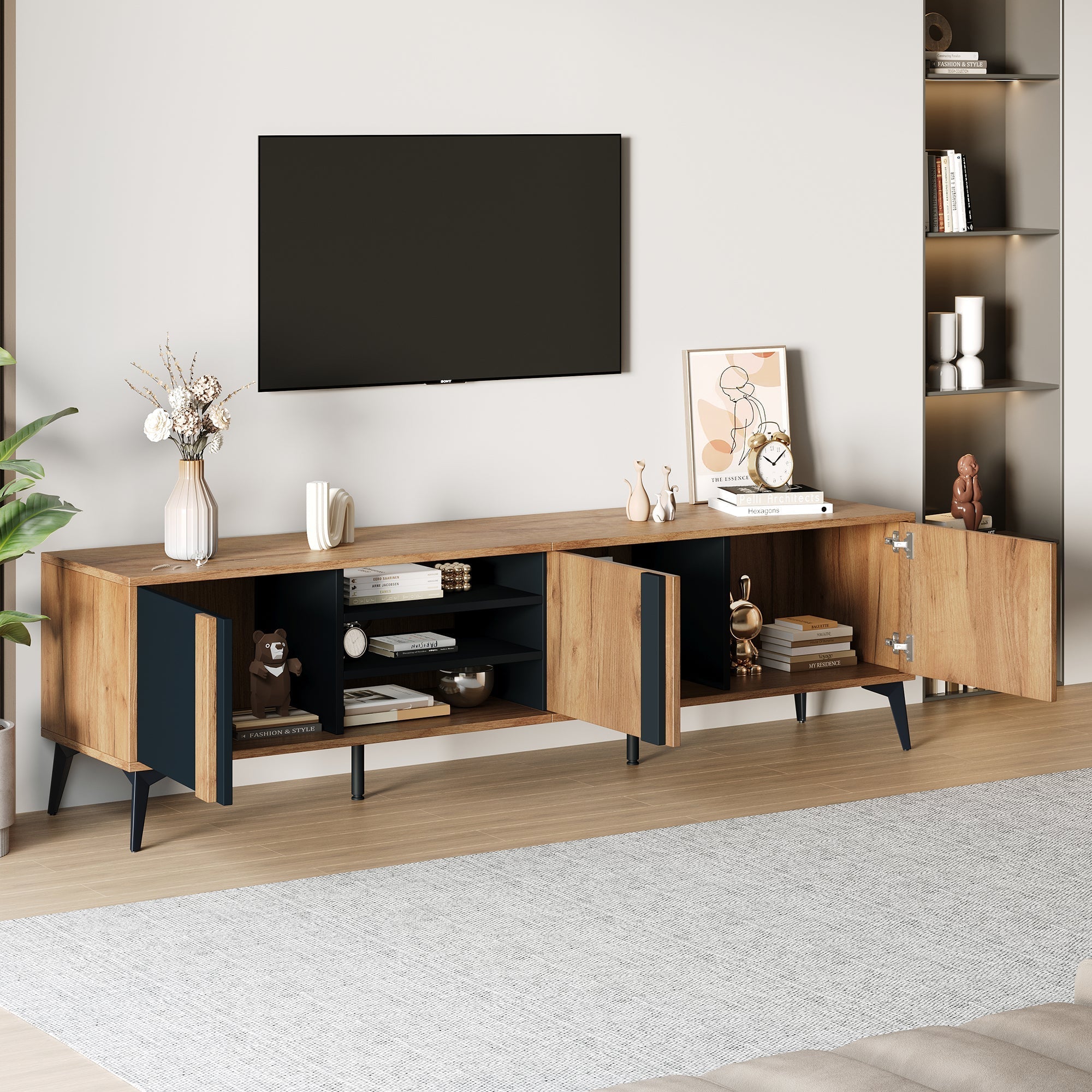 TV Stand TV Cabinet for up to 80 Inch TV with 3 Cabinets and 3 Open Shelves, Steel Frame, Brown and Black