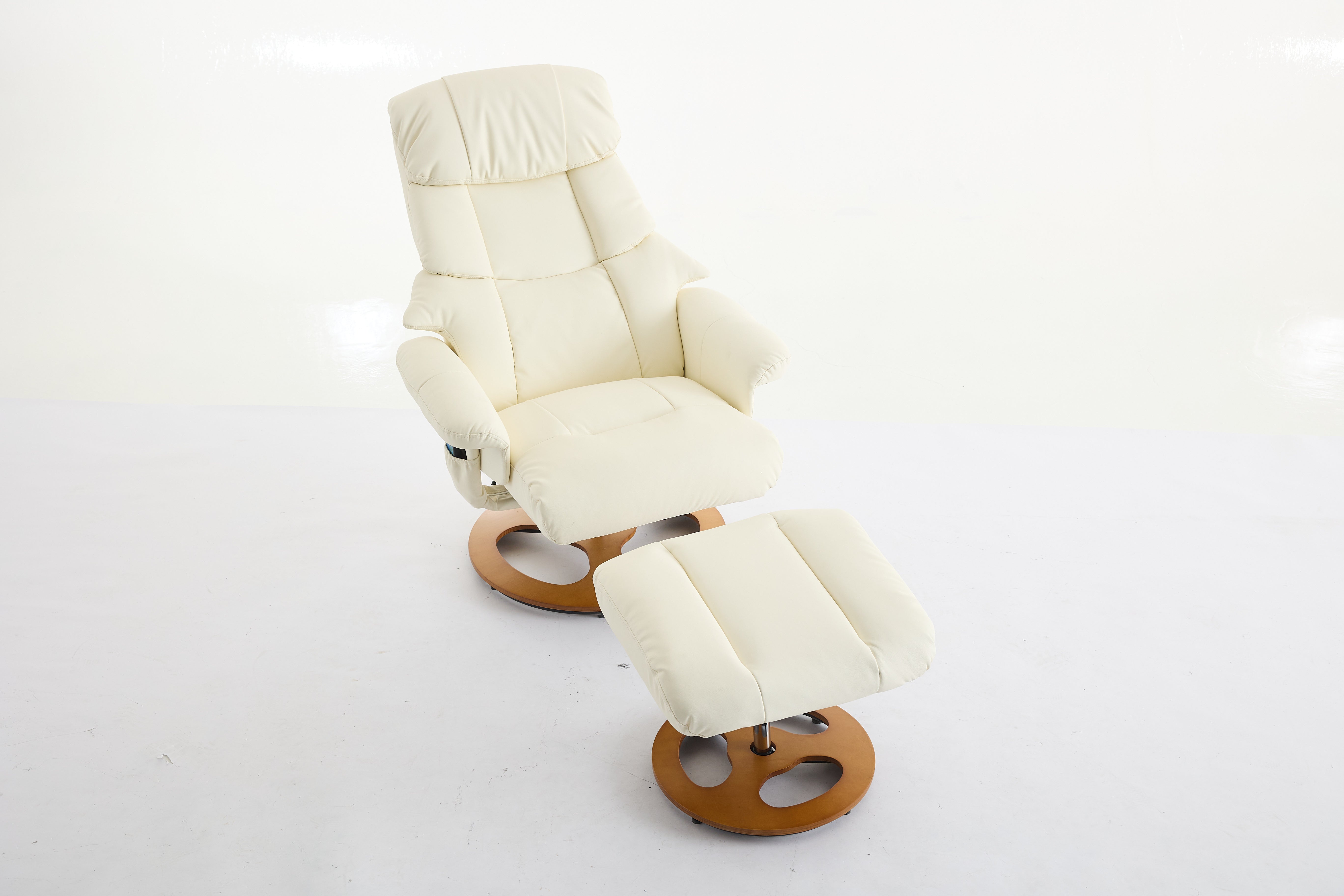 PU Upholstered Massage Recliner with ottoman footstool, 5 Points Massager, Wood/Metal Base, White
