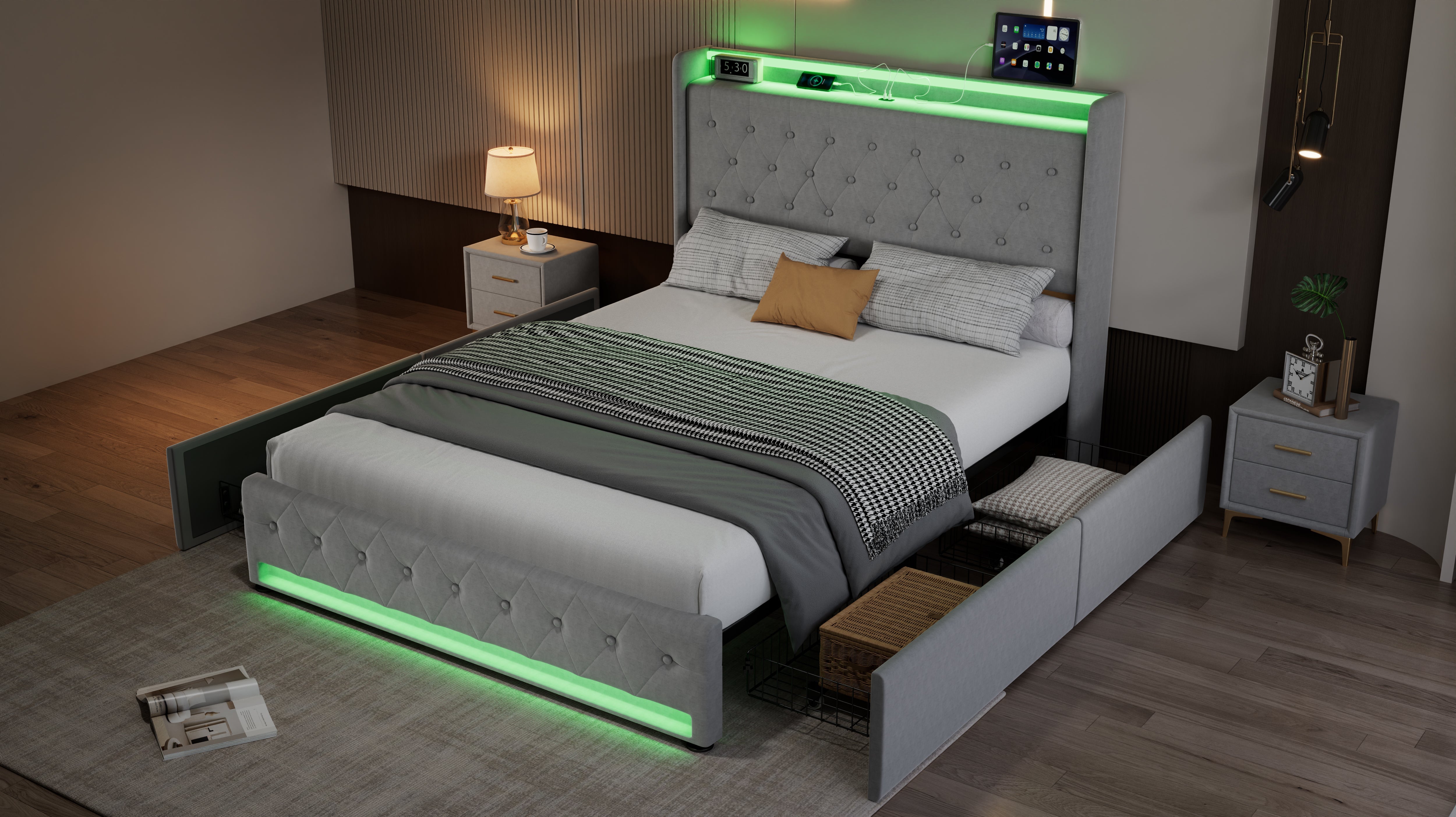 Upholstered Bed, 4ft6 Double with 4 Drawers, Light Strips & Charging Socket, Grey Velvet