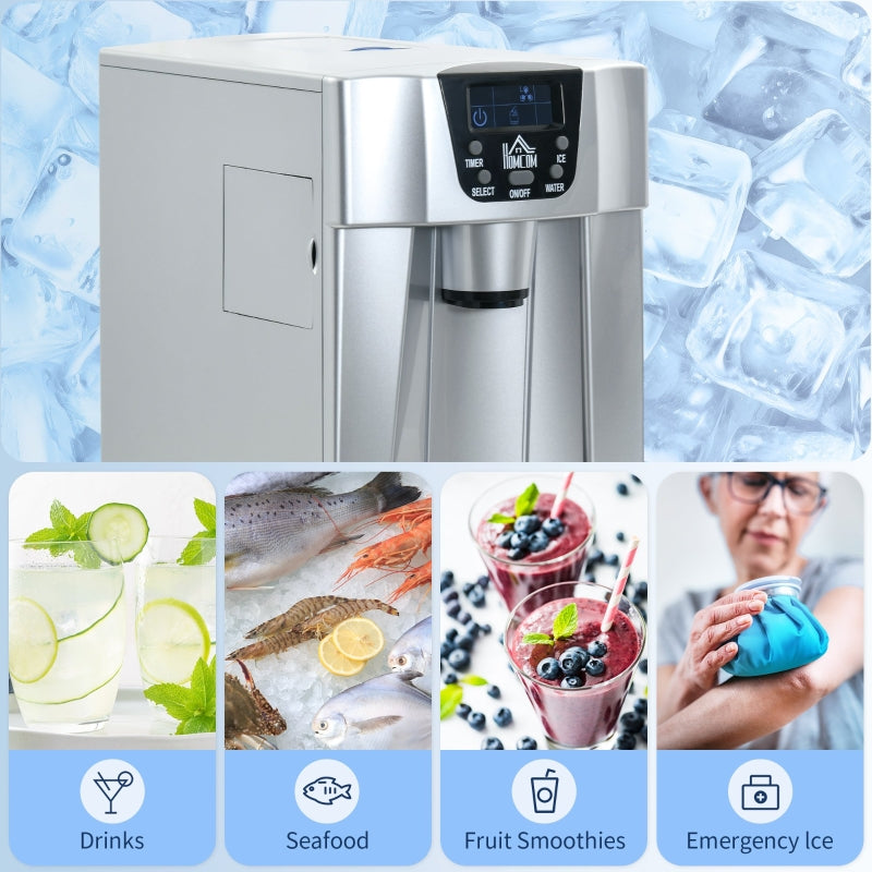 Ice Maker Machine and Water Dispenser, 3L Tank, Adjustable Cube Size, Silver