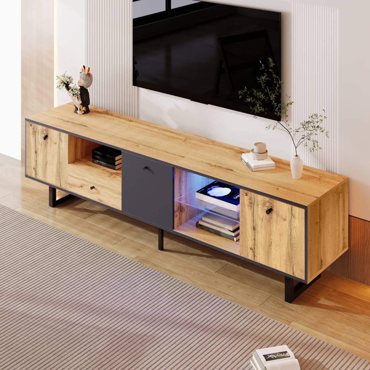 LED TV Unit with Glass Shelves - Modern Lowboard Cabinet with Soft-Close Doors