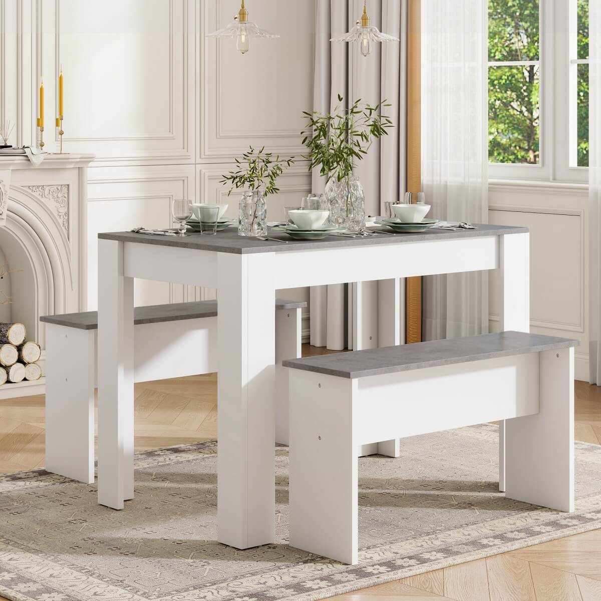 Dining Table Set with 2 Benches – Artificial Marble Kitchen & Dining Table for Small Spaces, Grey & White