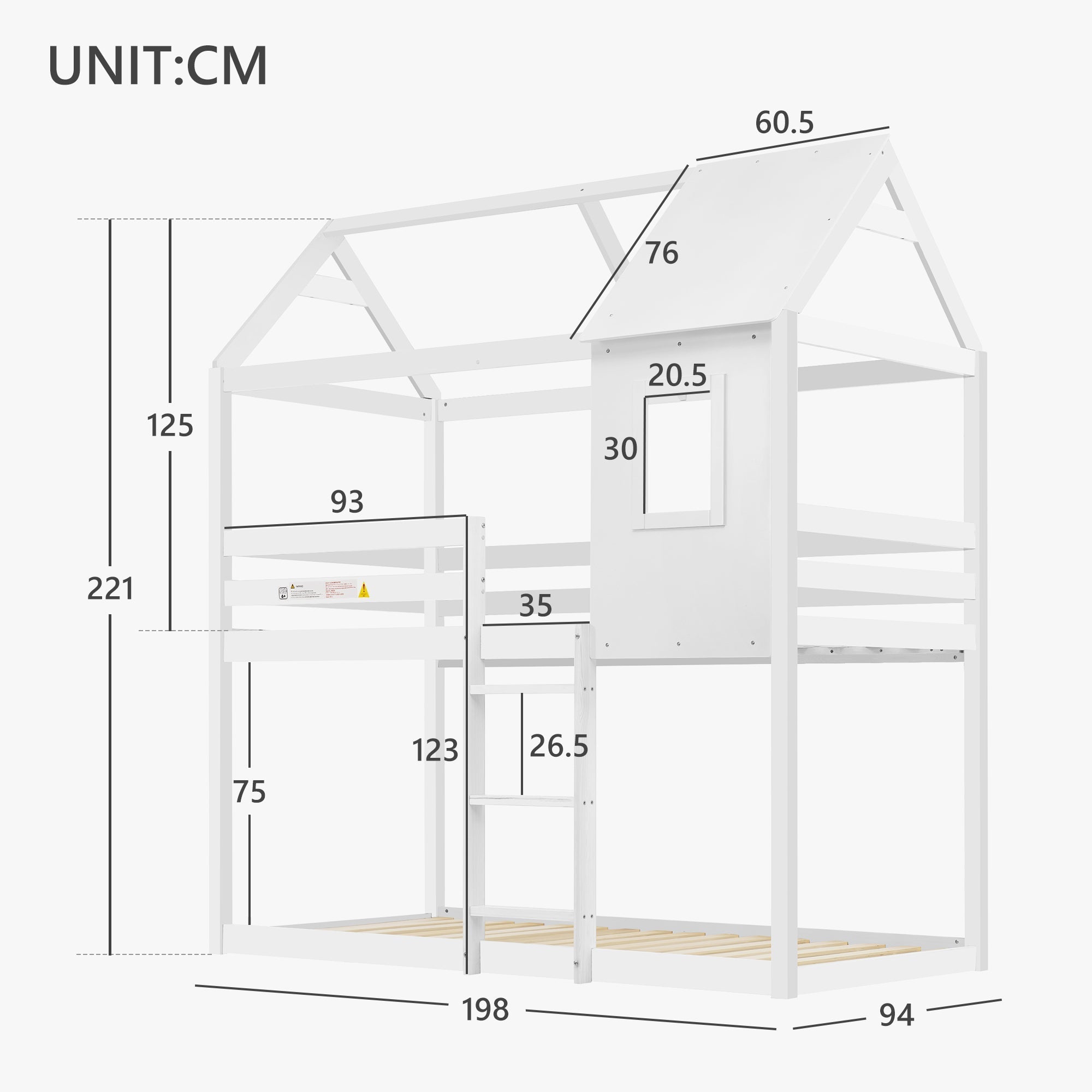 Bunk Bed, Children Cabin Bed, Single Bed for Kids, Twin Sleeper, 3FT, Solid Pine Wood, White