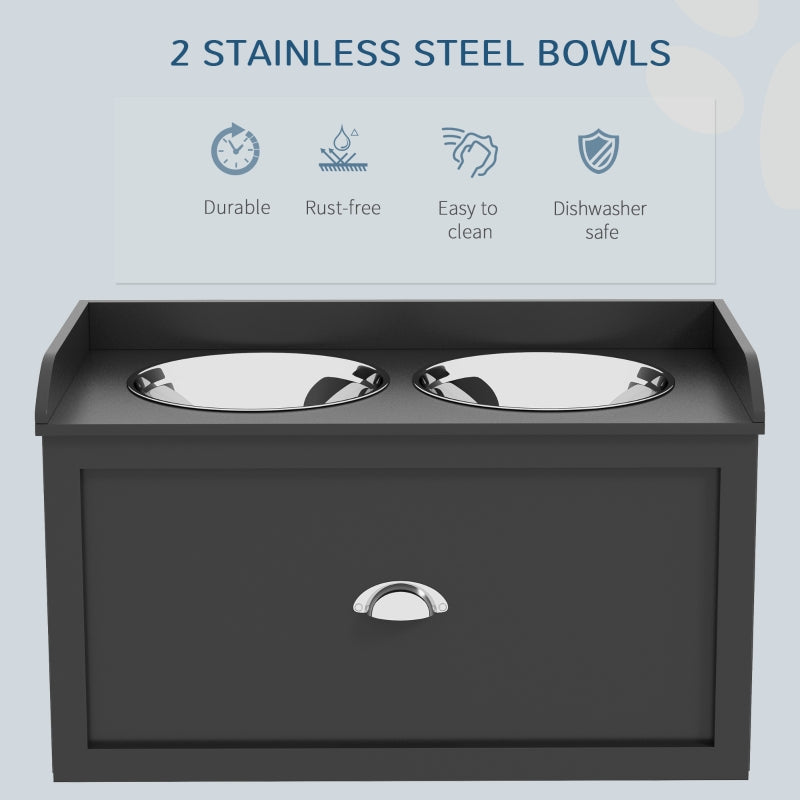 Raised Dog Bowls with 21L Storage Drawer for Large Dogs and Cats - Stainless Steel, Black