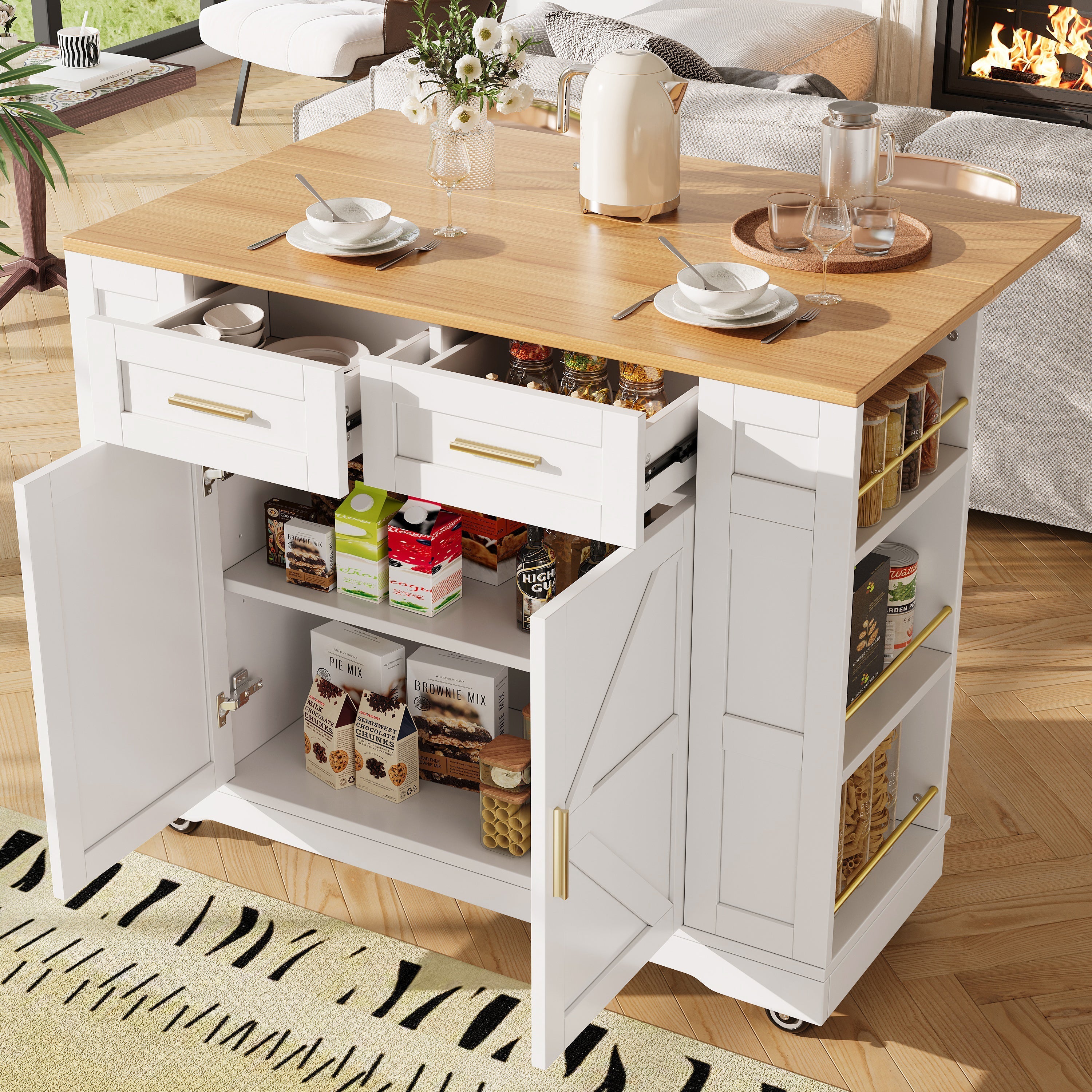 Kitchen Island on Wheels, Rolling Cart with Drawers & Storage, Foldable Worktop, White