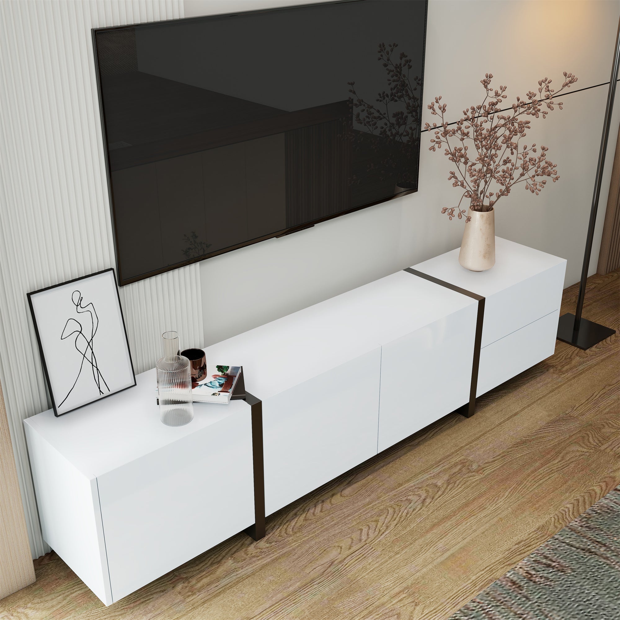 TV Cabinet: White High-Gloss with Black Legs and Simple Doors/Drawers