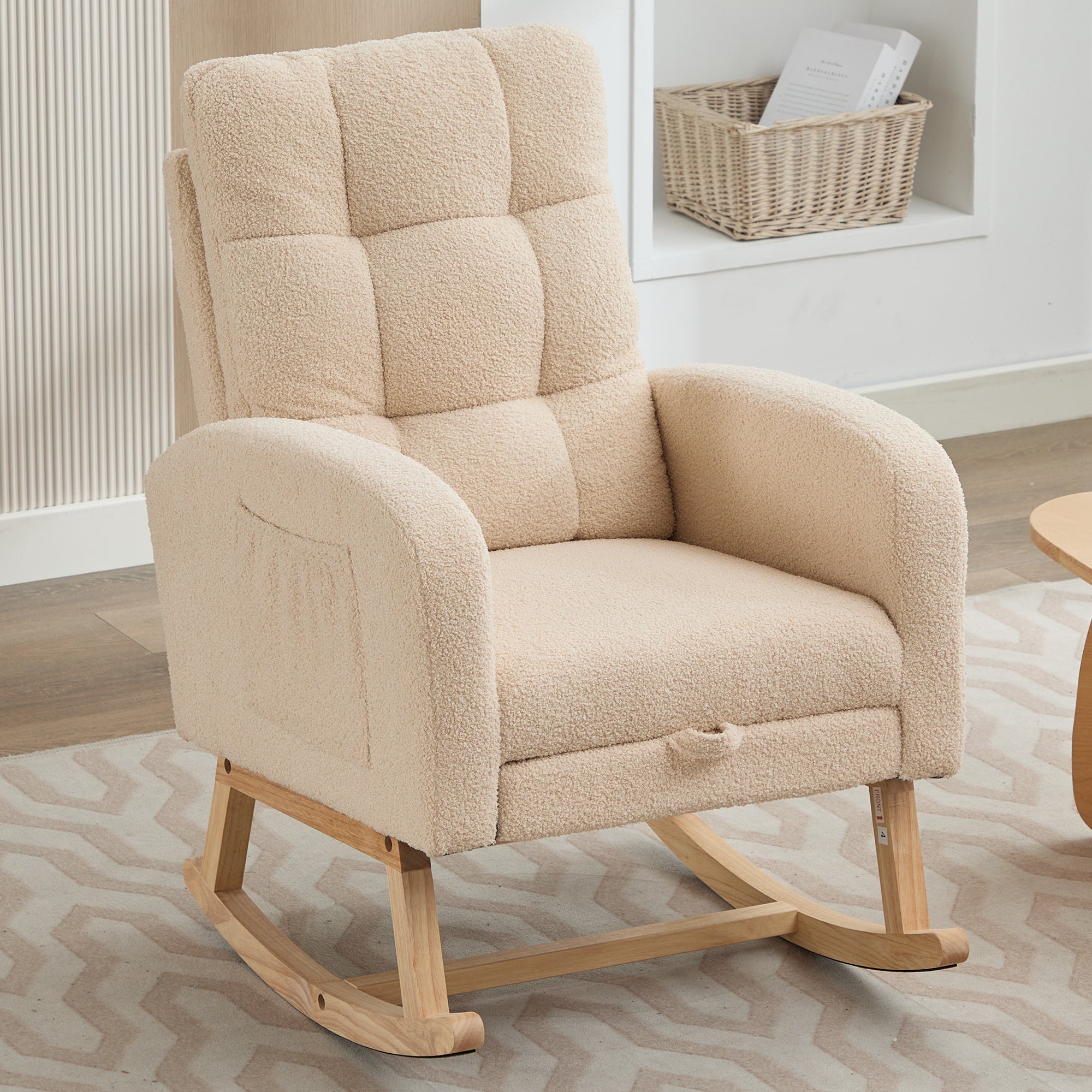 Rocking Chair with Adjustable Footrest and High Backrest, Beige Teddy Fabric