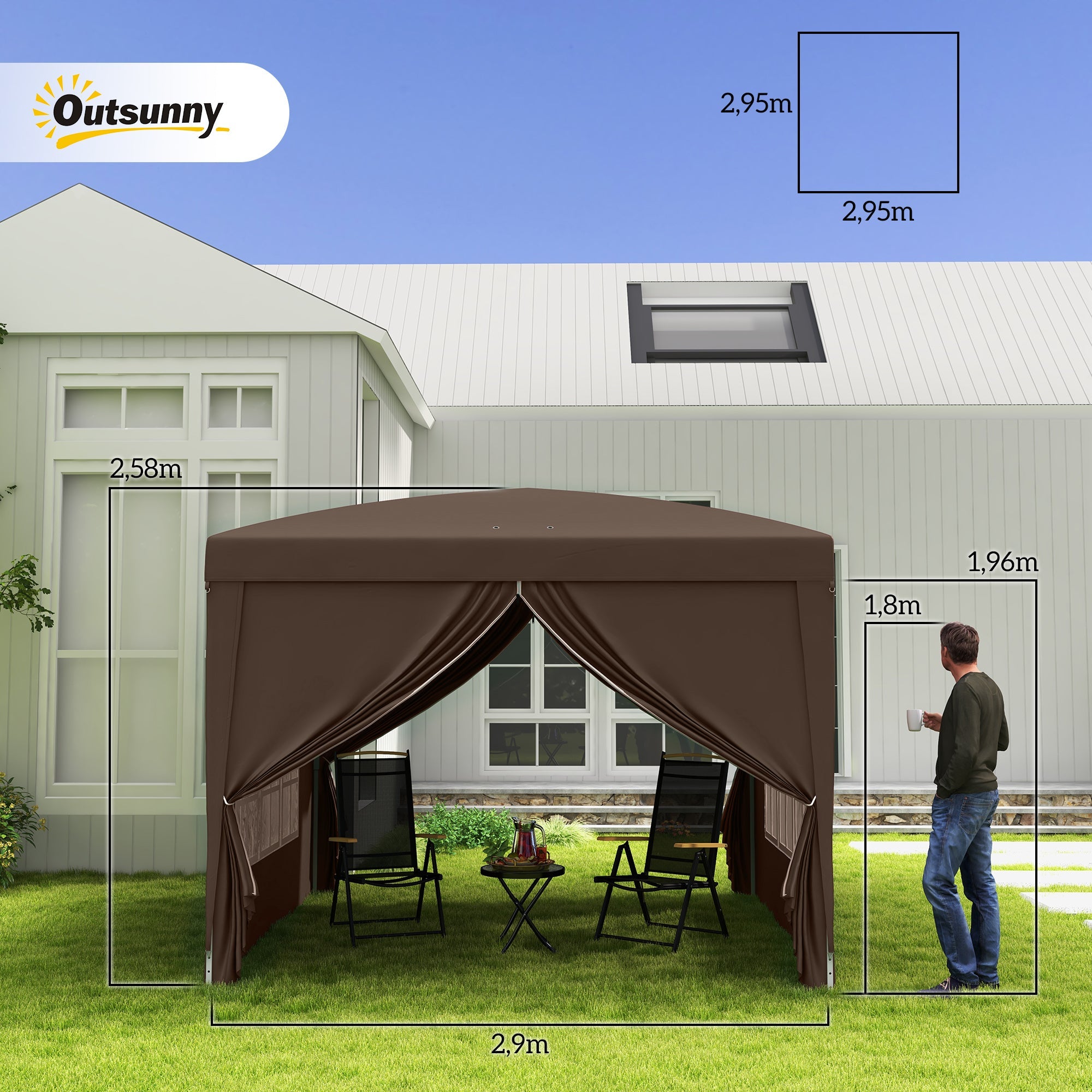 Pop Up Gazebo with Carry Bag and Windows, 3 x 3m, Coffee