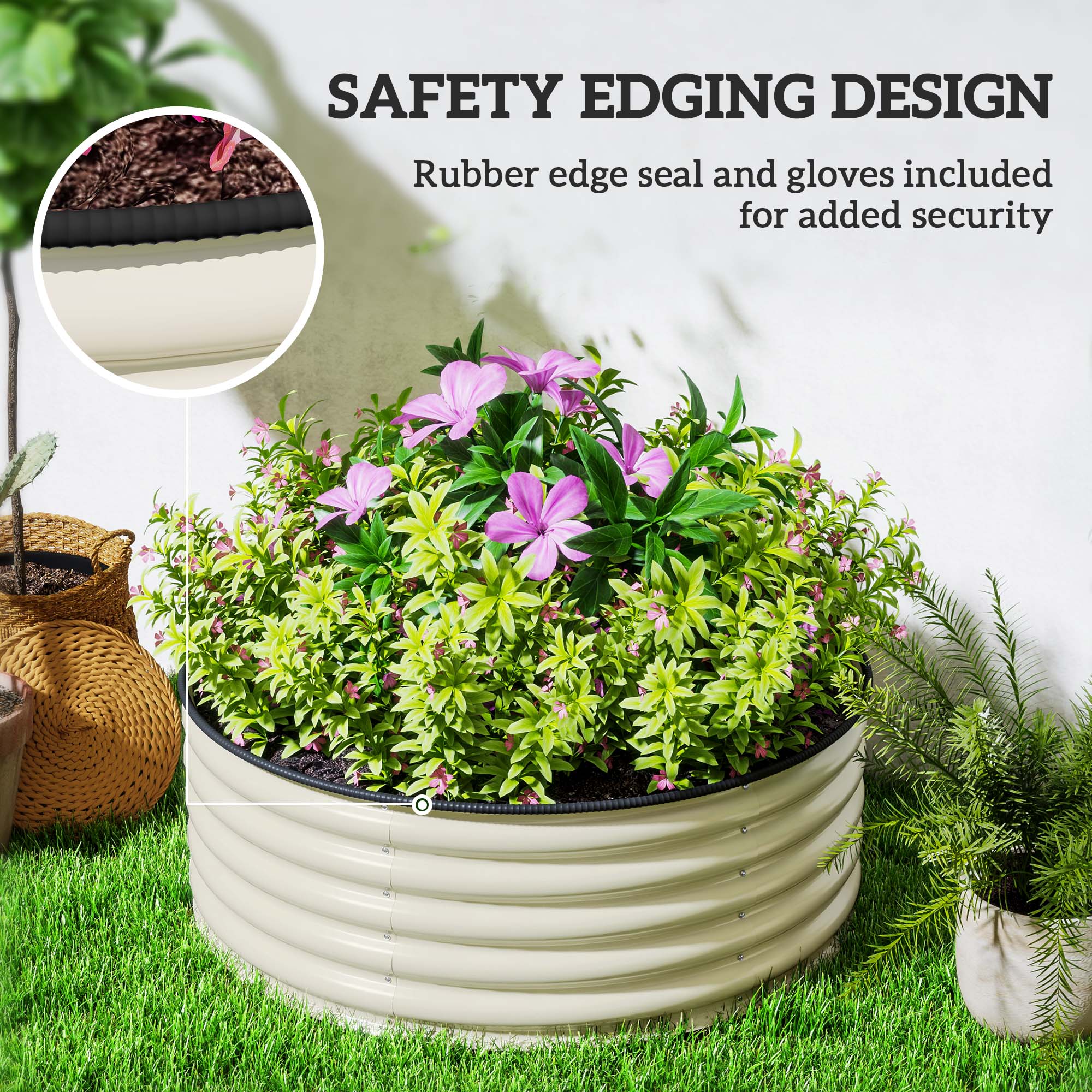 Galvanised Raised Garden Bed with Safety Edging, Outdoor Planter Box, Cream White