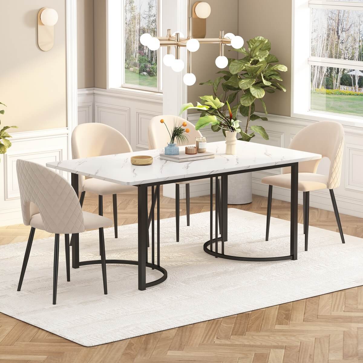 140×80cm Modern Dining Table – Rectangular Marble Effect Table with Metal Frame