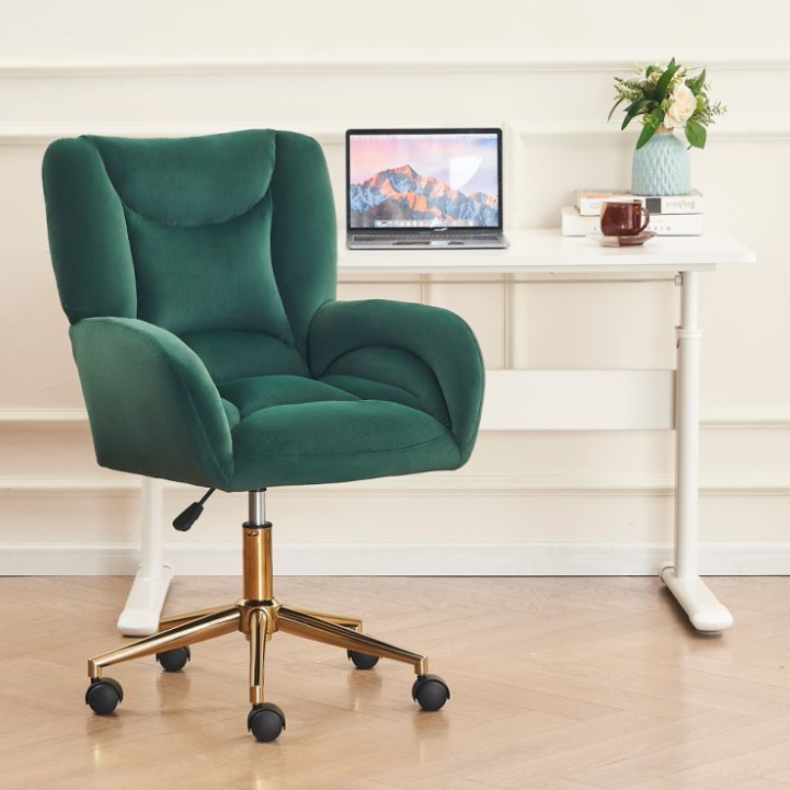 Full KD Velvet Fabric Home Office Chair: Adjustable Height, Swivel, Green with Gold Legs