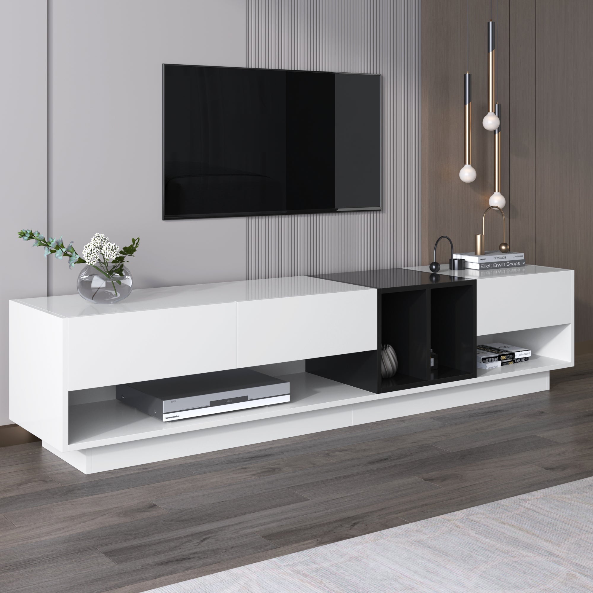 TV cabinet lowboard combination, color-blocking design with drawers and compartments, high-gloss white and black