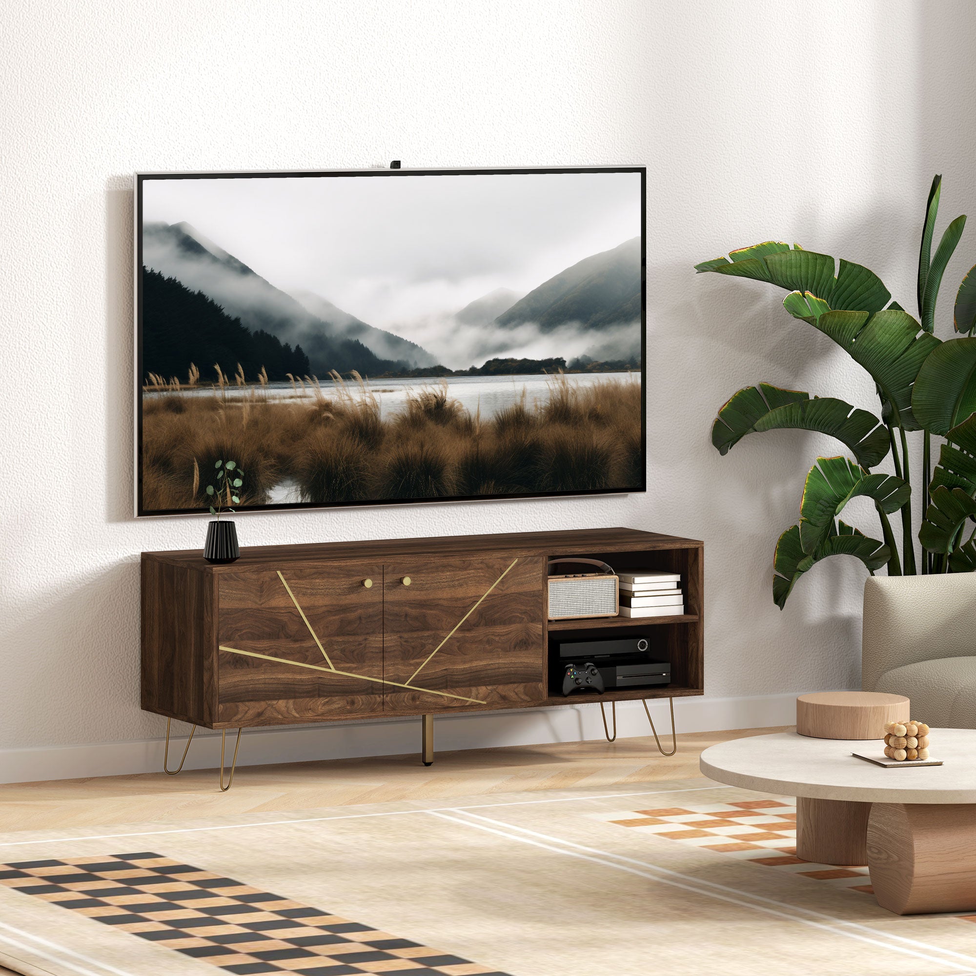 TV Stand Cabinet, Modern 130cm with Adjustable Shelves, Hairpin Legs, Double Door, Brown
