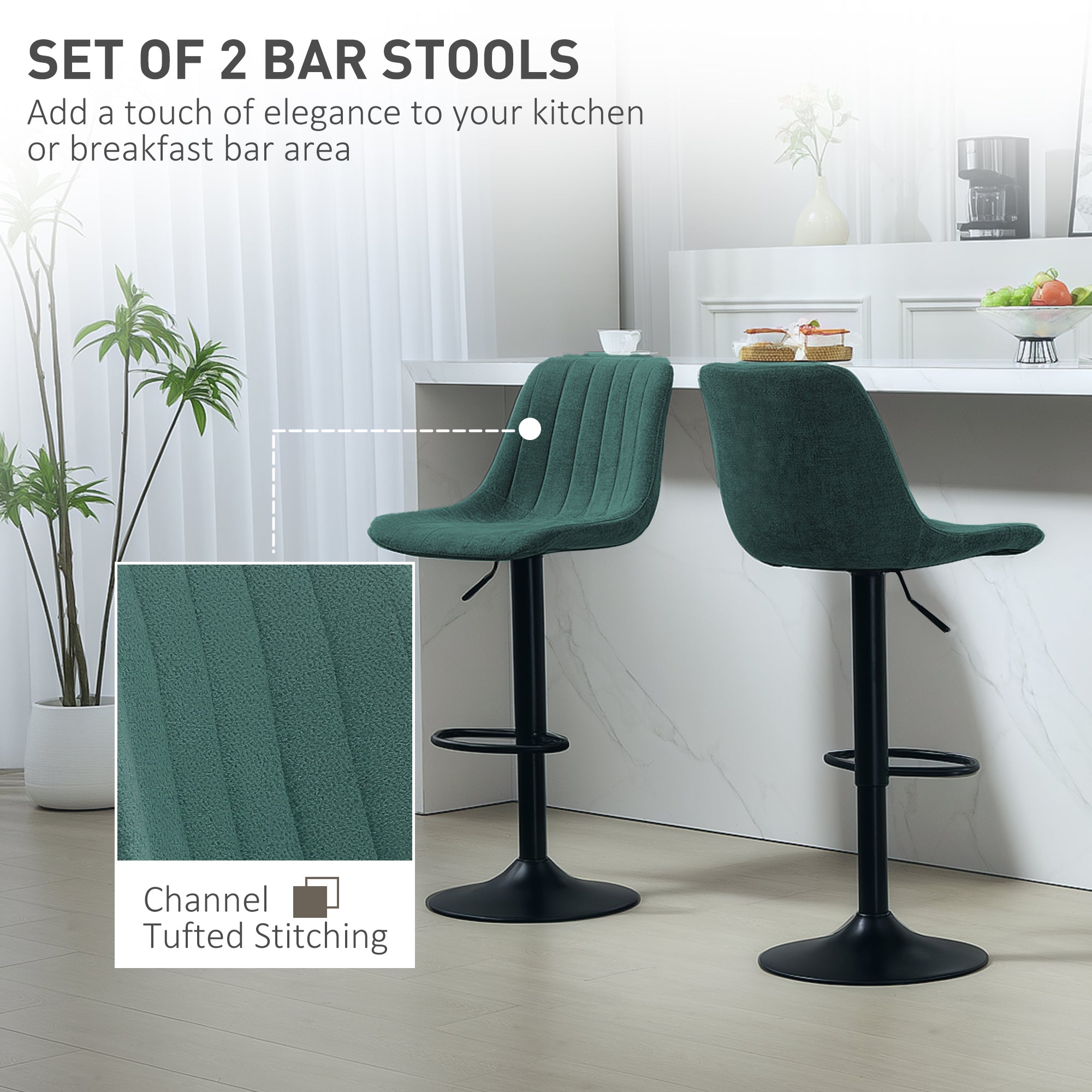 Tub Bar Stools, Set of Two Chenille-Feel - Green