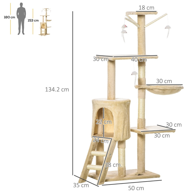 Cat Tree 135cm Kitten Tower Scratching Post Climbing Tower, Beige