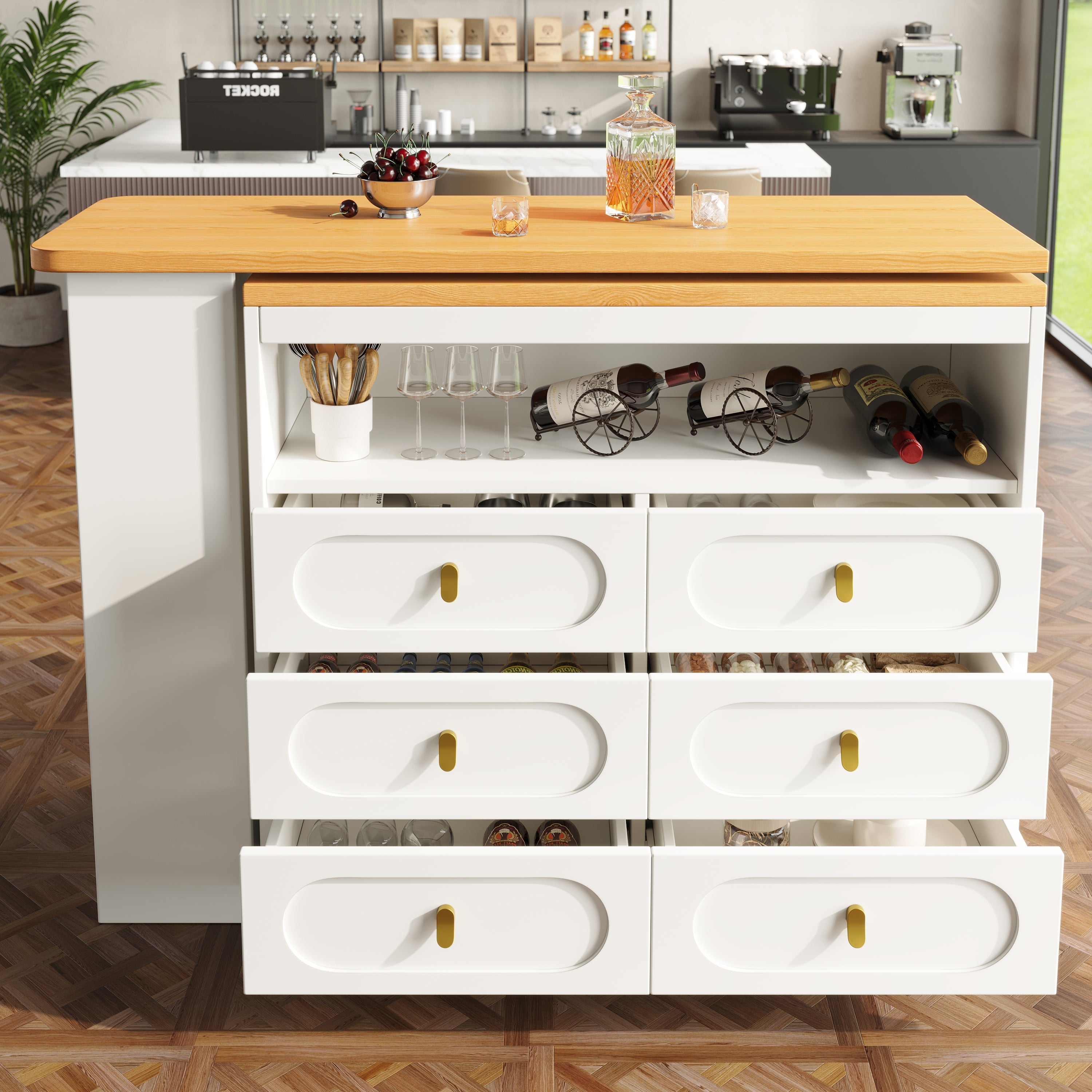 360¡ã Rotating Bar Table, Dining Kitchen Island with Storage, White