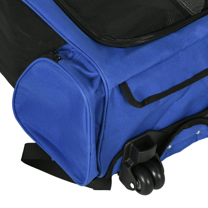 Portable Pet Carrier Backpack with Trolley, Telescopic Handle, Stroller Wheels, Blue