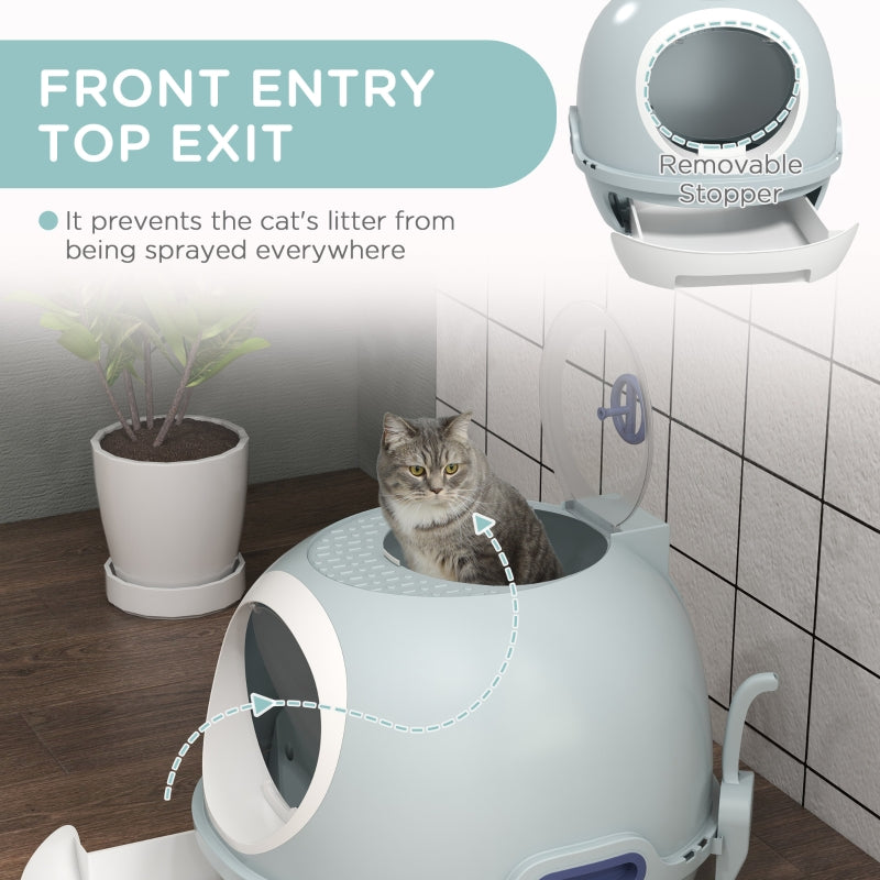 Cat Litter Box Toilet with Litter Scoop, Enclosed Drawer, Front/Top Entry, Blue