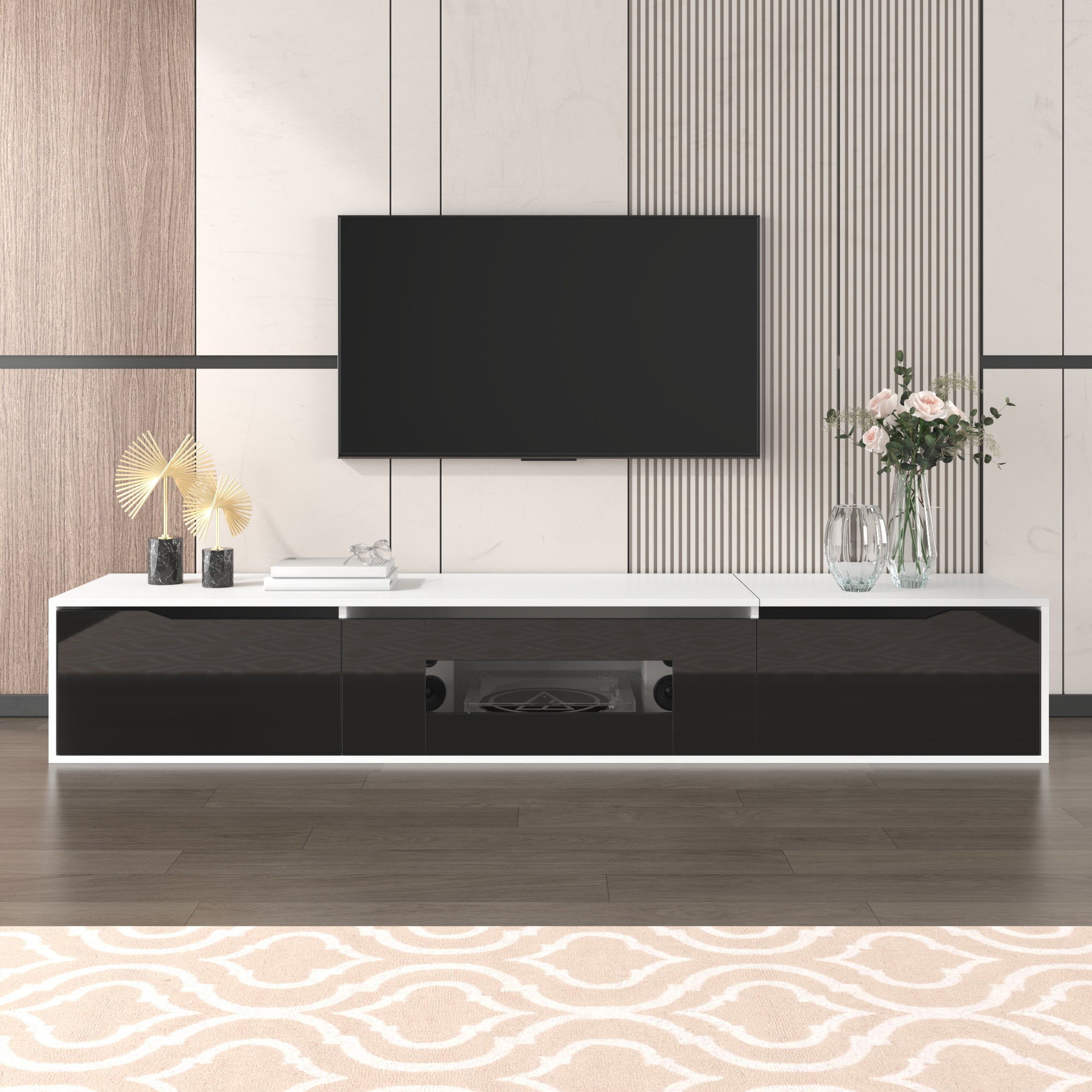 TV cabinet, high-gloss, white and black, with color-changing LED lights