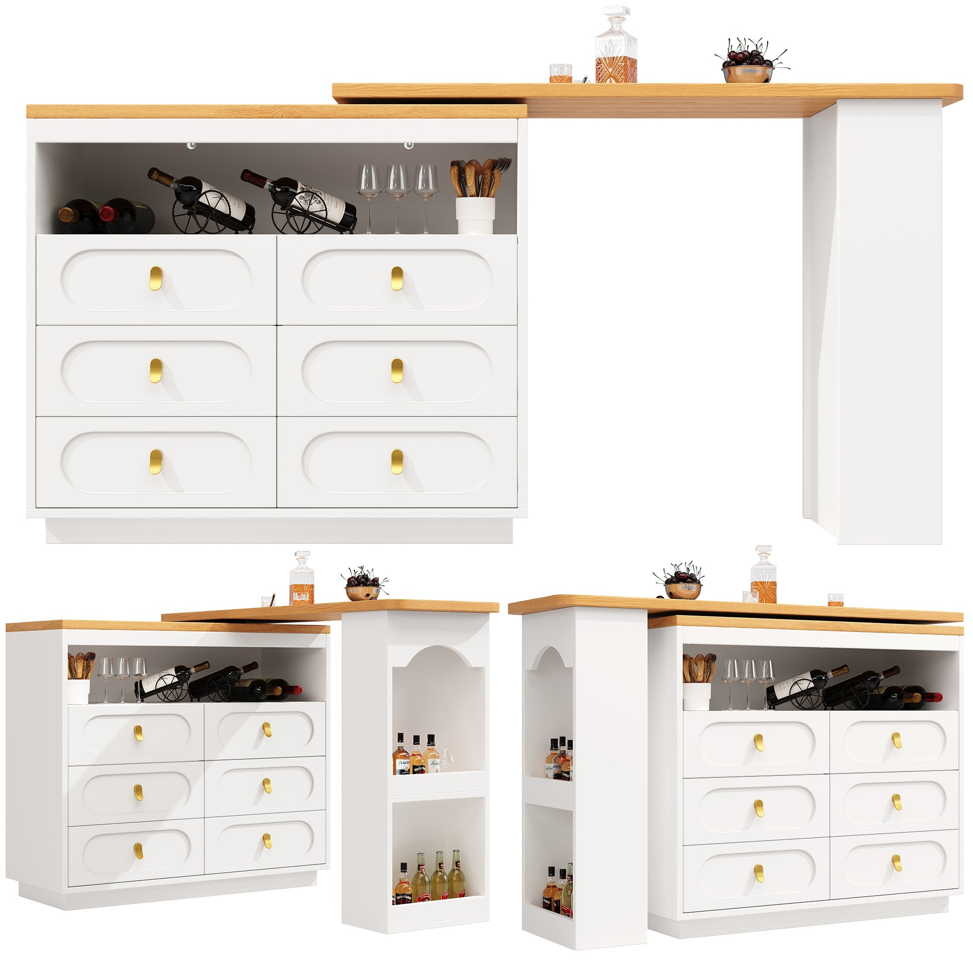 360¡ã Rotating Bar Table, Dining Kitchen Island with Storage, White