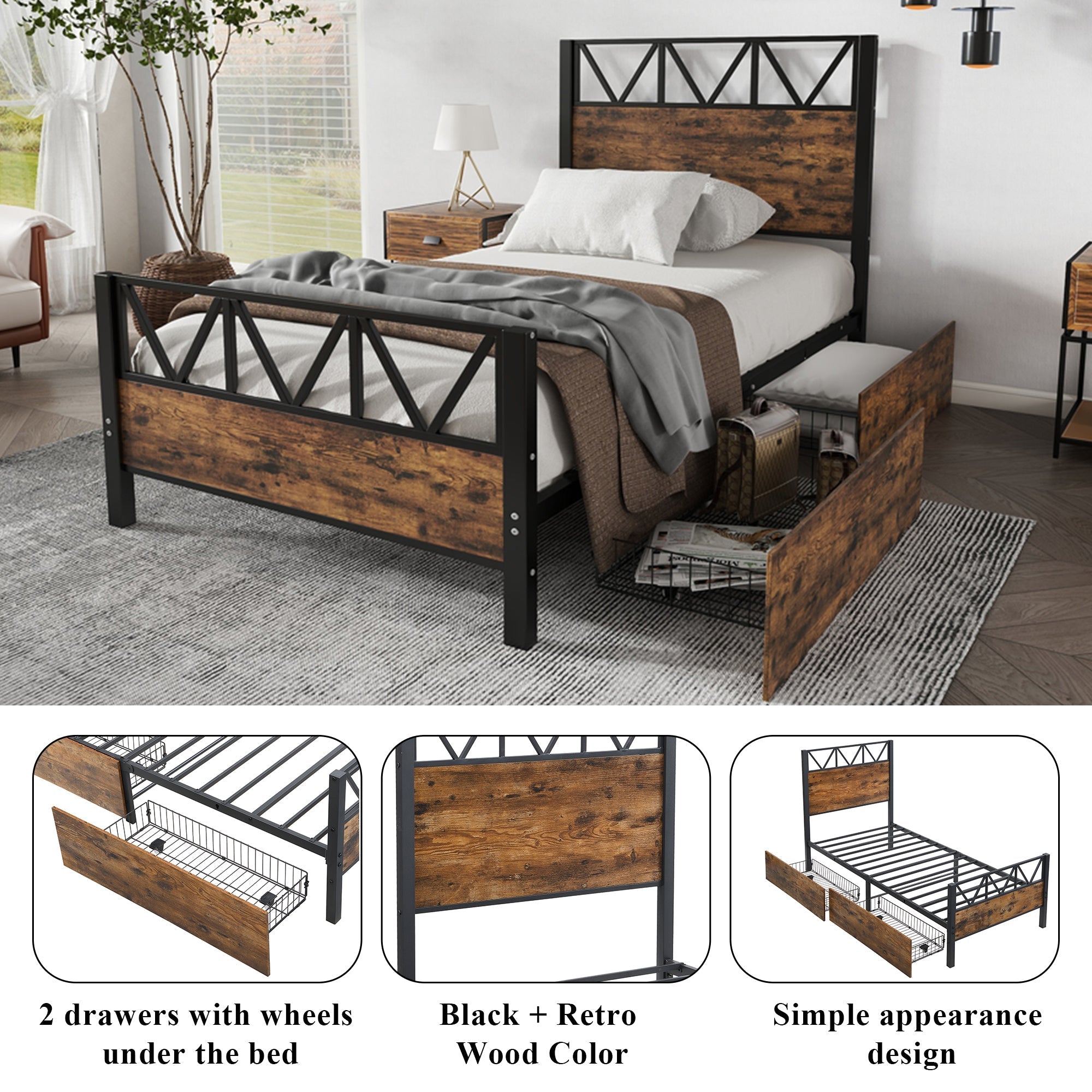 Metal Bed, 3FT Single with 2 Drawers, Black+Wood Color