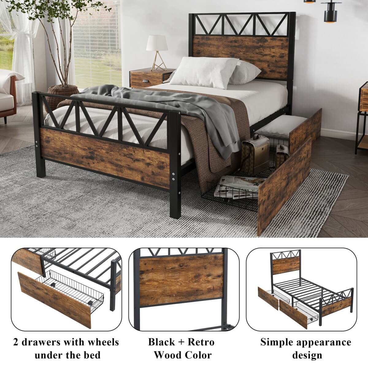 3ft Single Metal Storage Bed Frame with Drawers - Iron Bed for Adults & Teenagers