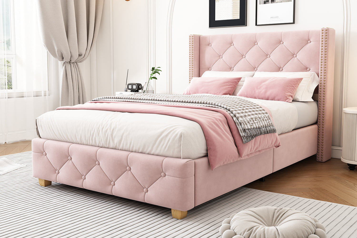 Upholstered Bed, Single Bed-3ft(90*190cm) with Slatted Frame and Headboard, Button Upholstery, Rivet Upholstery, Wooden Legs, Velvet, Pink
