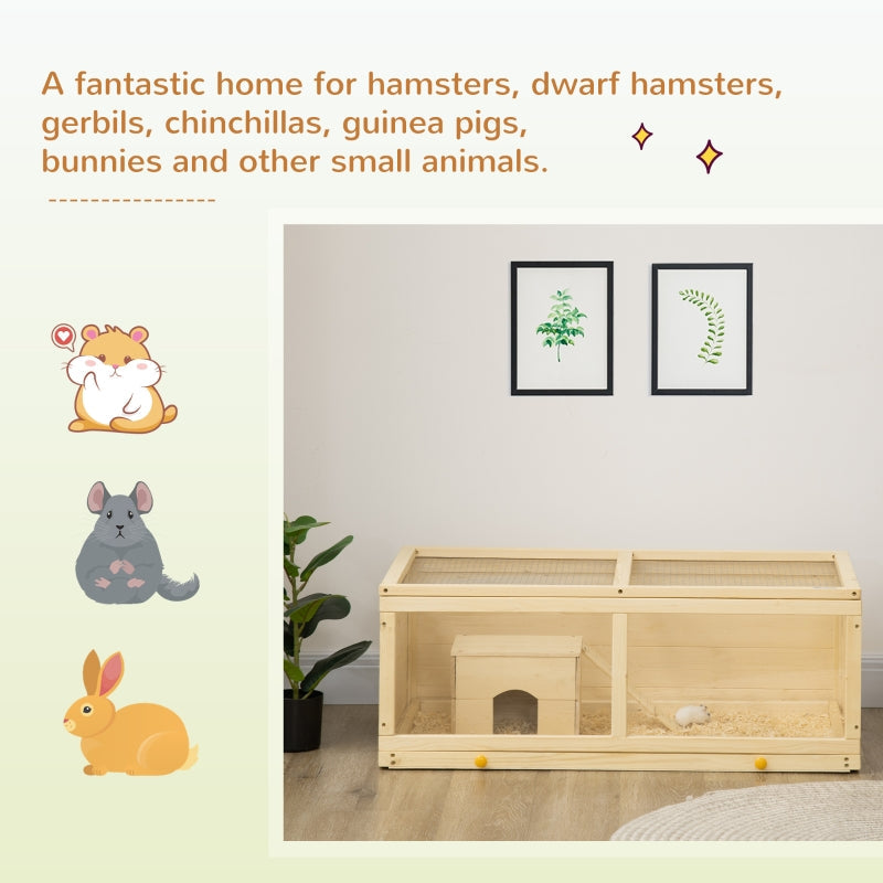 Wooden Hamster Cage with Sliding Tray, Openable Top, Hut, Natural Wood