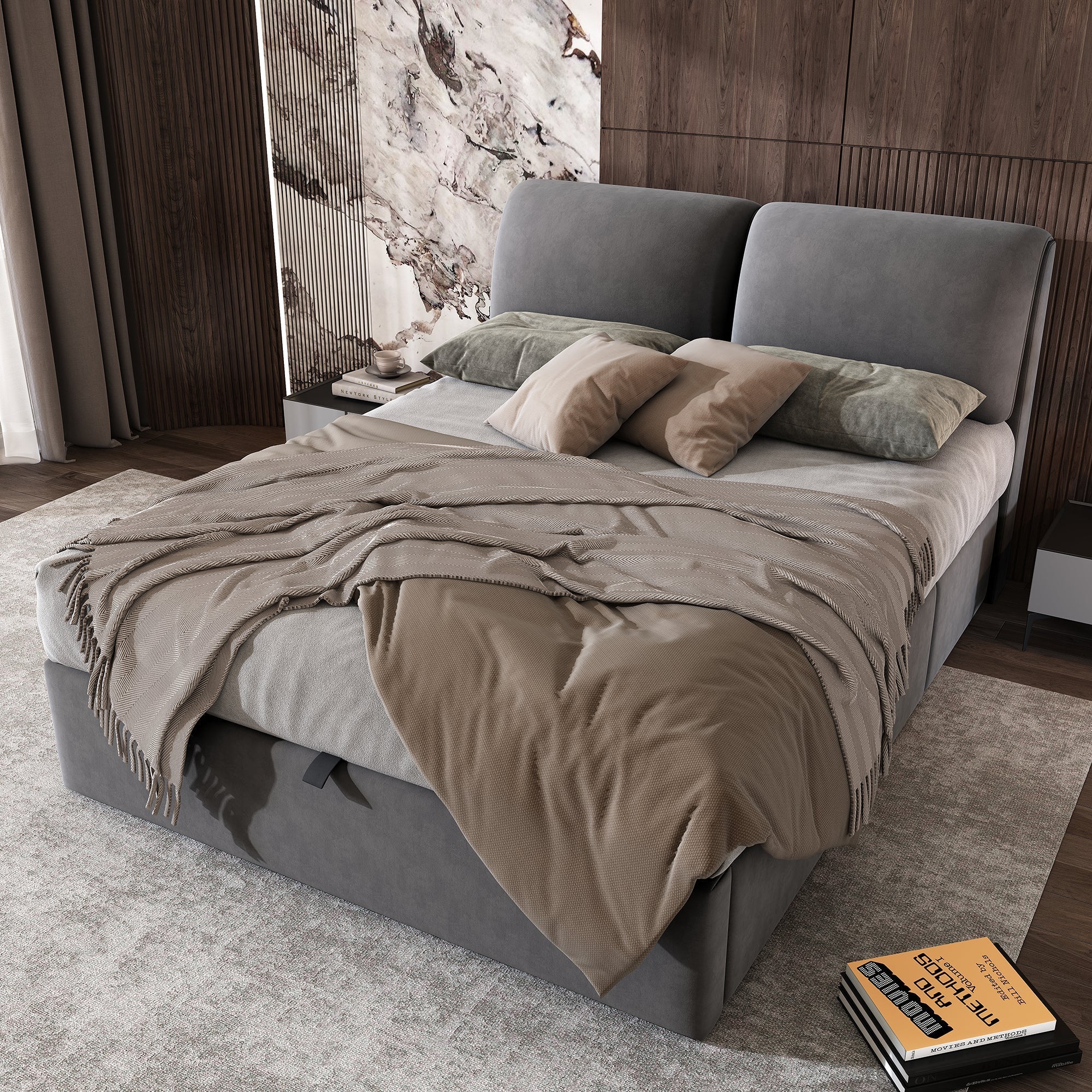 Upholstered Bed, Double 4ft6 (135x190cm) Hydraulic with Three Drawers, Storage Box & Slatted Frame, Velvet Grey