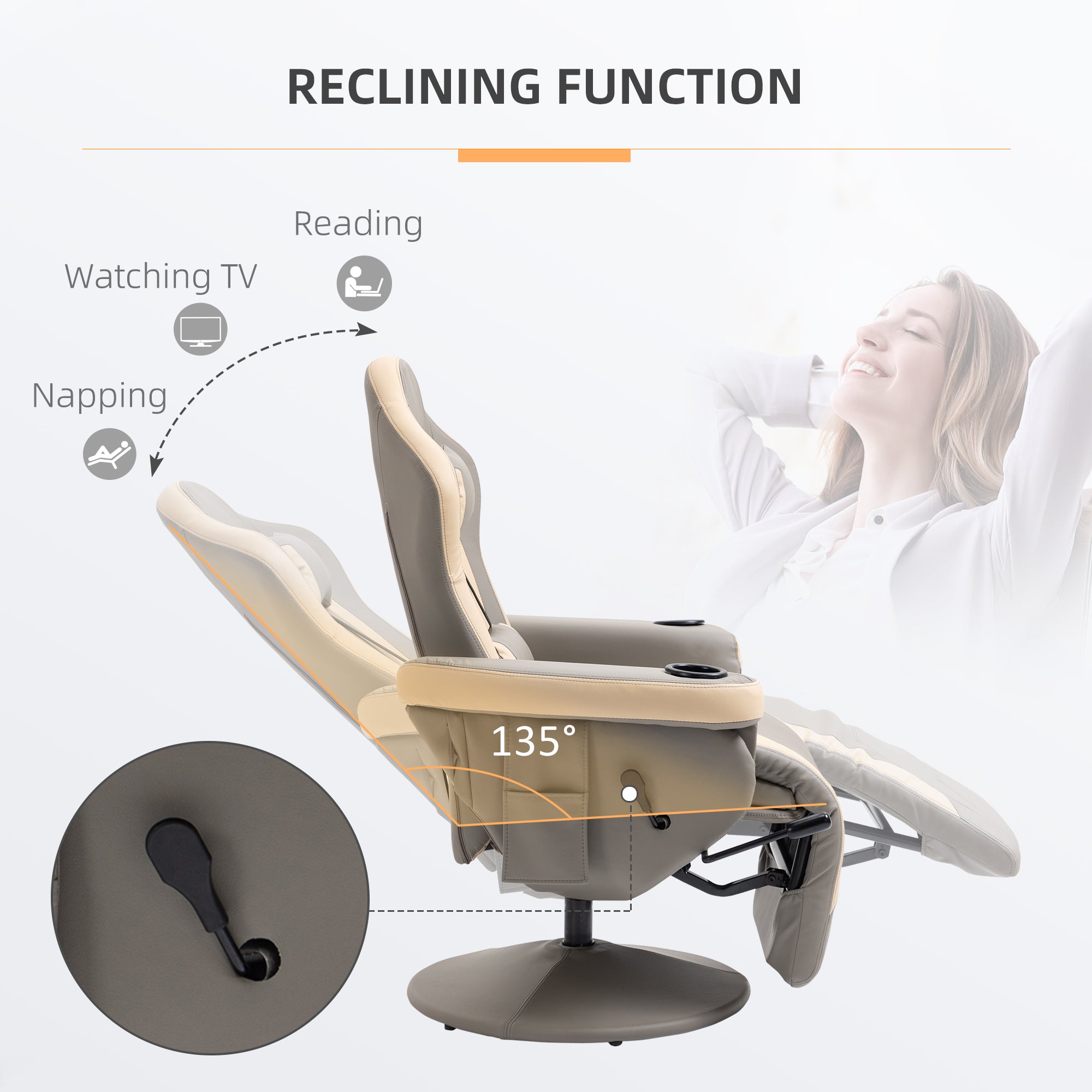 Manual Recliner Armchair with Adjustable Leg Rest, 135¡ã Reclining, 360¡ã Swivel, Grey PU Leather