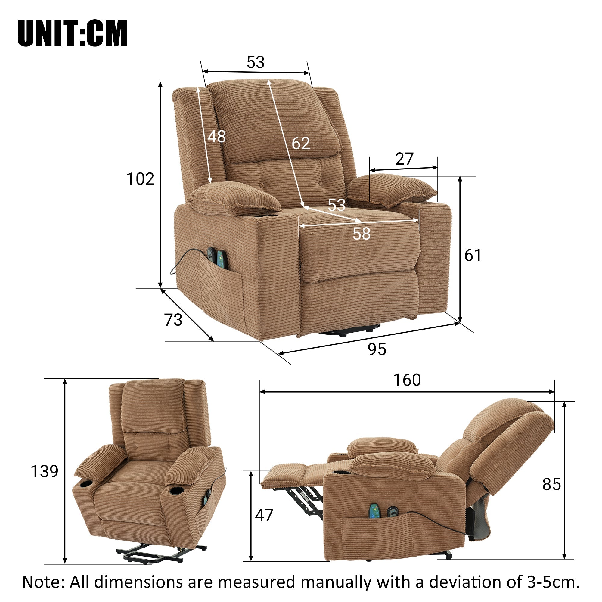 Oversized Power Lift Chair, Recliner with Heat & Massage, Single Sofa, Cup Holders, Upholstered Fabric, Light Brown