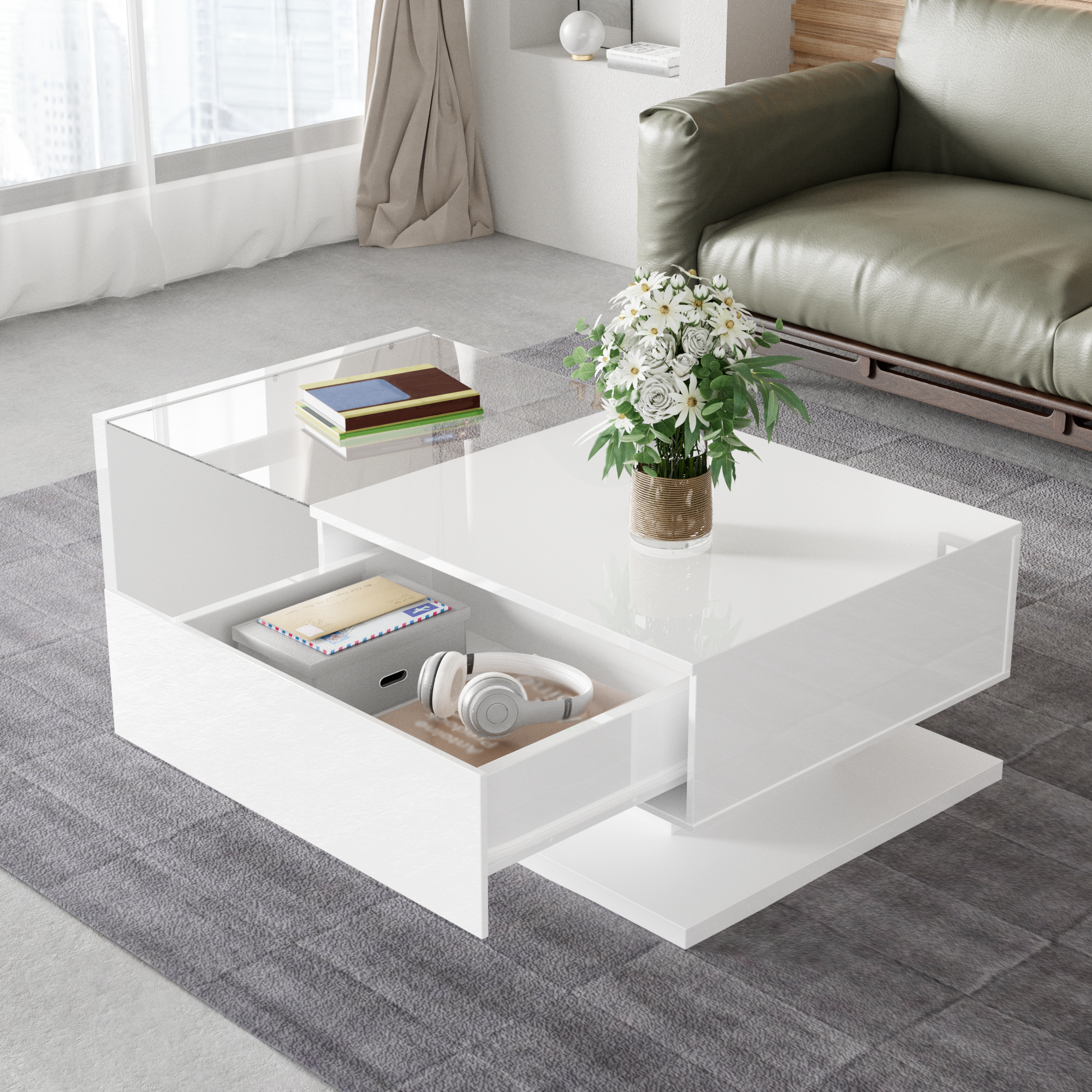 Coffee table, high-gloss white. Side tables, coffee tables with glass and LED