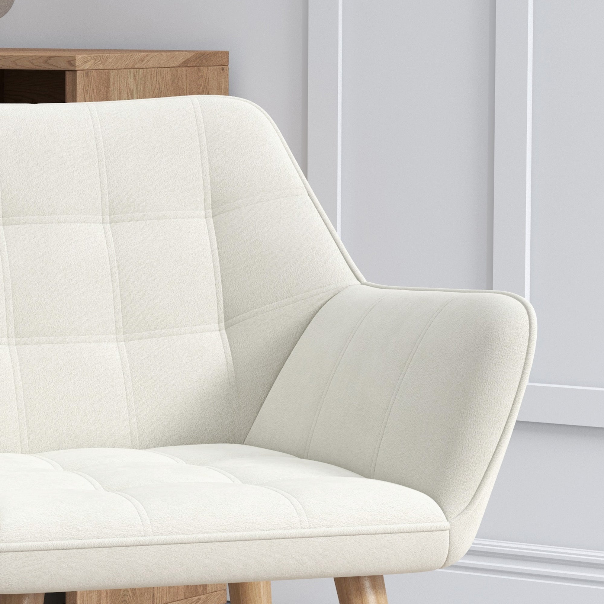 Accent Chair with Wide Arms, Slanted Back, Thick Padding, Rubber Wooden Legs, Cream White