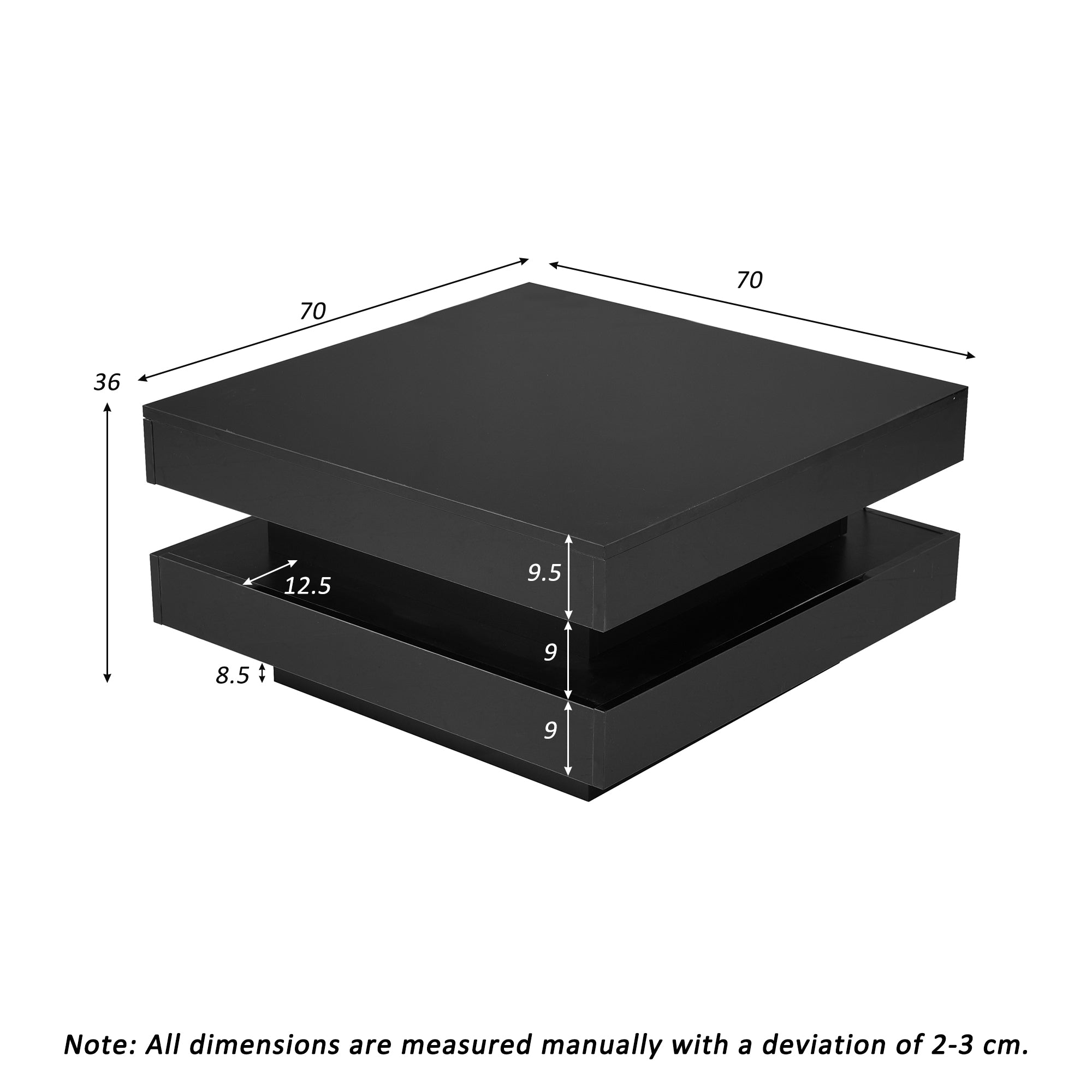 Black Square High Gloss Coffee Table with 360¡ã Rotating Top, Tea Table with 16-Color LED light, 70x70x36 cm