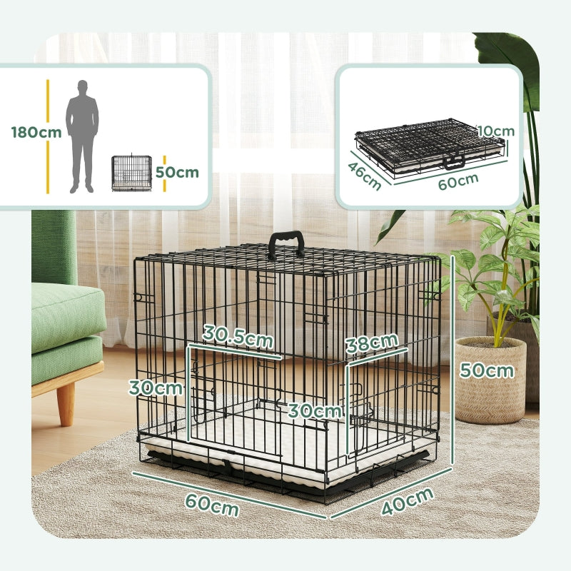 Foldable Dog Crate Two Doors Tray Soft Cushion Extra Small, Black