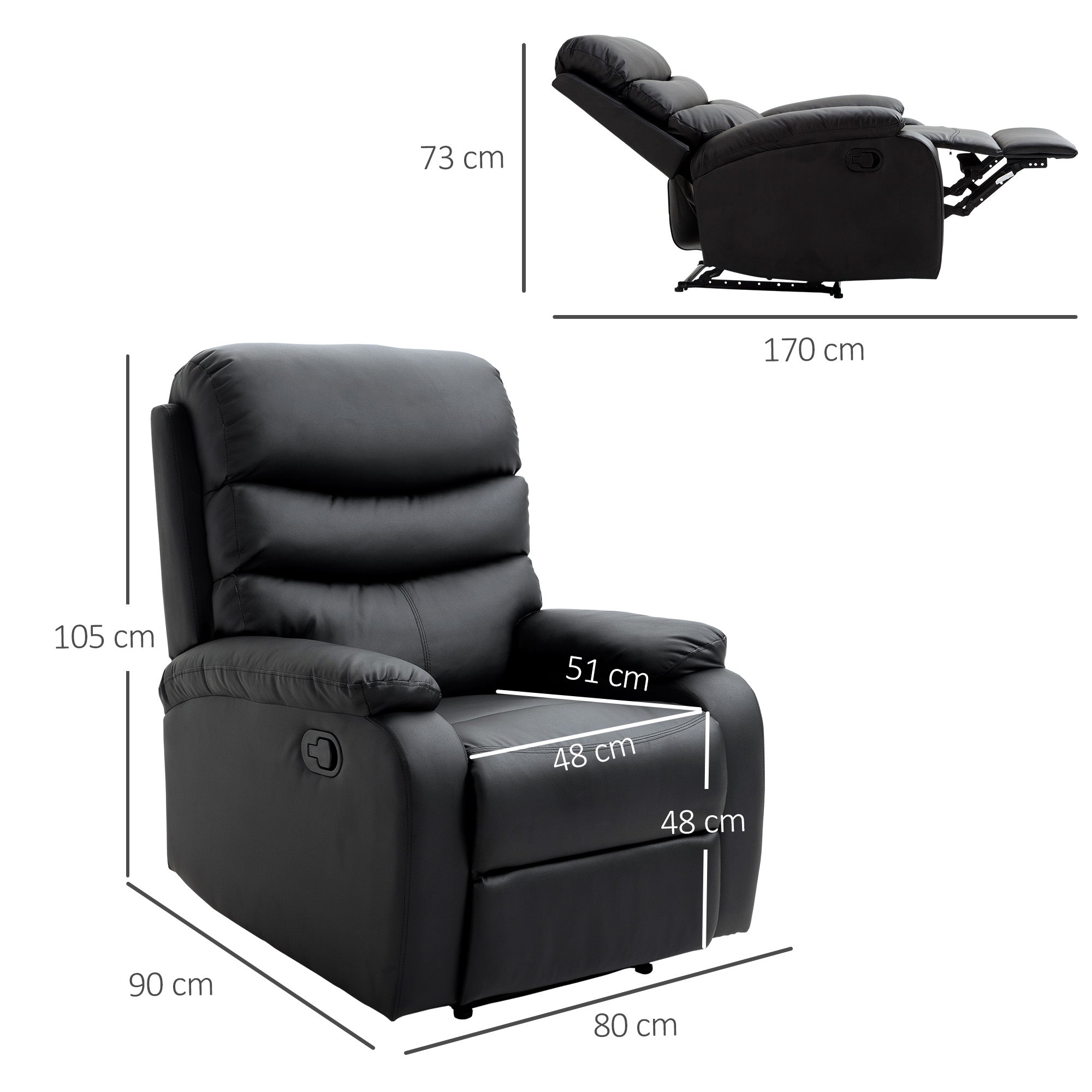 Reclining Chair Manual with Padded Armrests Retractable Footrest, Black PU Leather