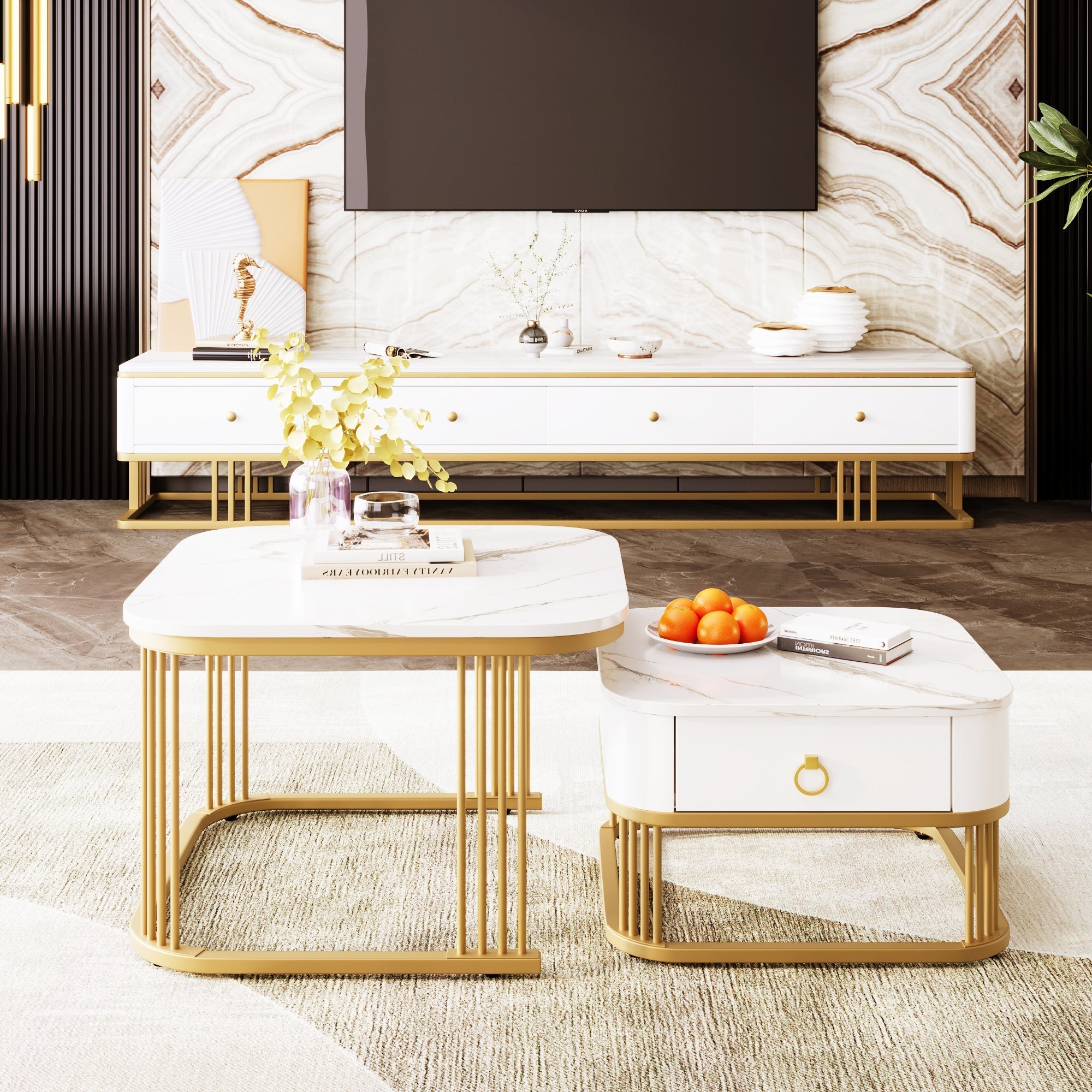Nestable Coffee Table: High Gloss Marble Exterior, Gold Accents, Side Table with Drawer. Set of Two