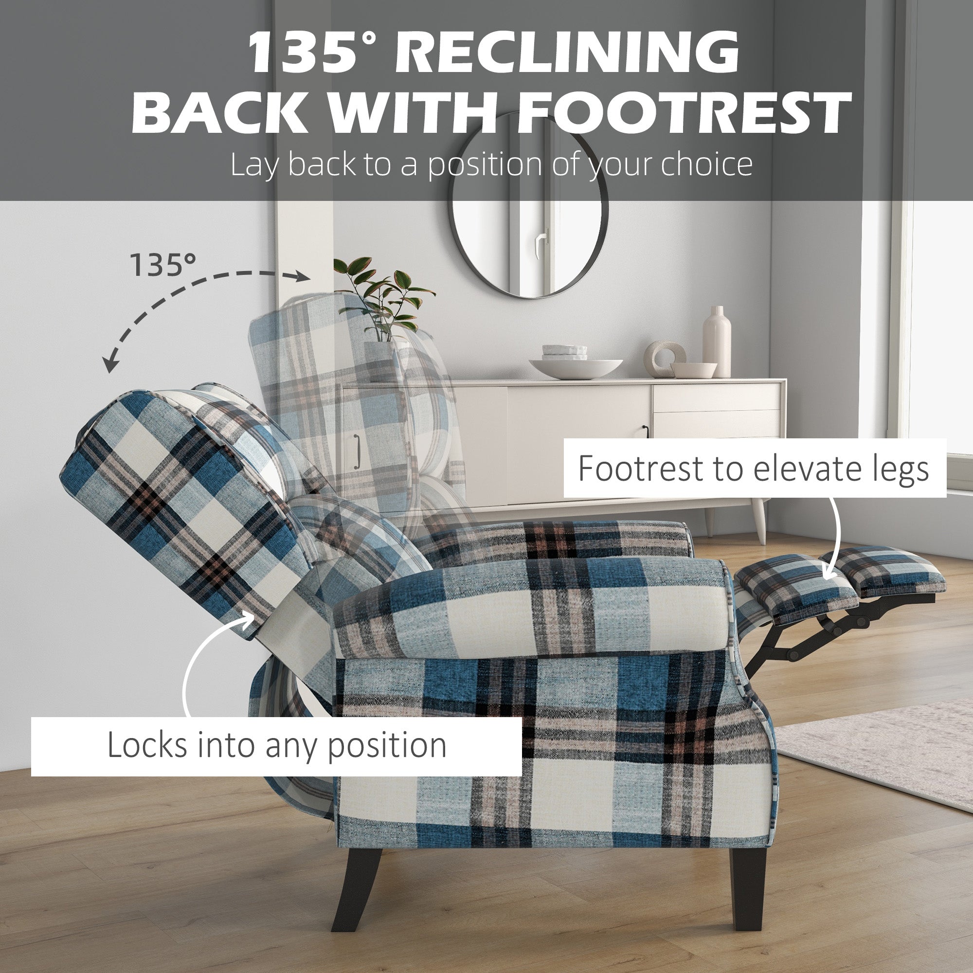 Wingback Reclining Chair Push Back Armchair with Footrest Wood Legs Blue